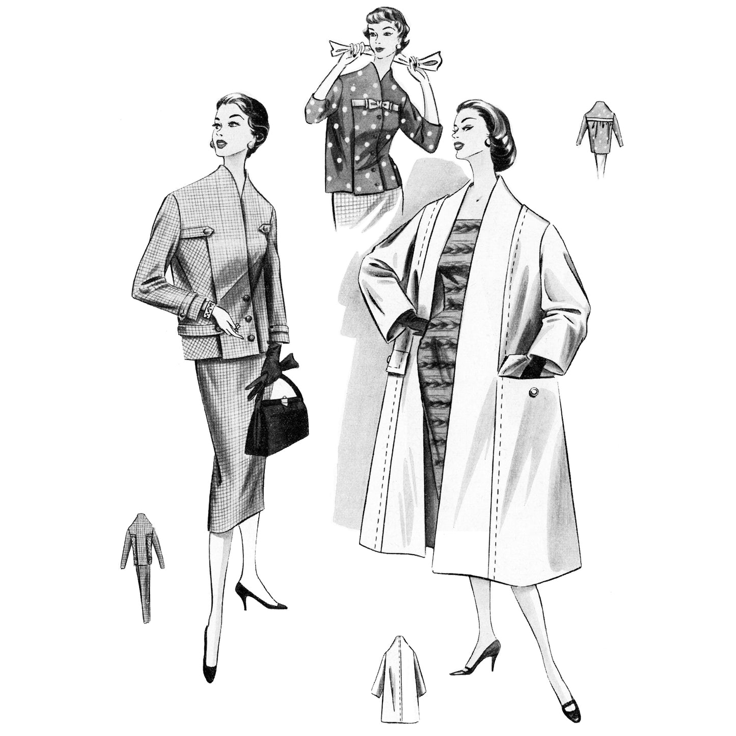 Vintage fashion illustration of a woman wearing a coat and skirt set with additional views and details.