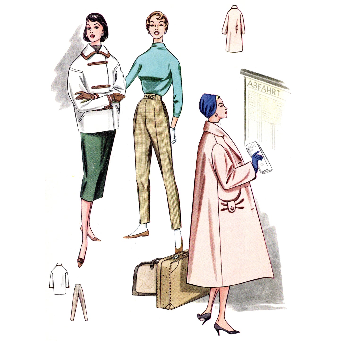 Vintage fashion illustration of three women in different outfits with a coat and pants.