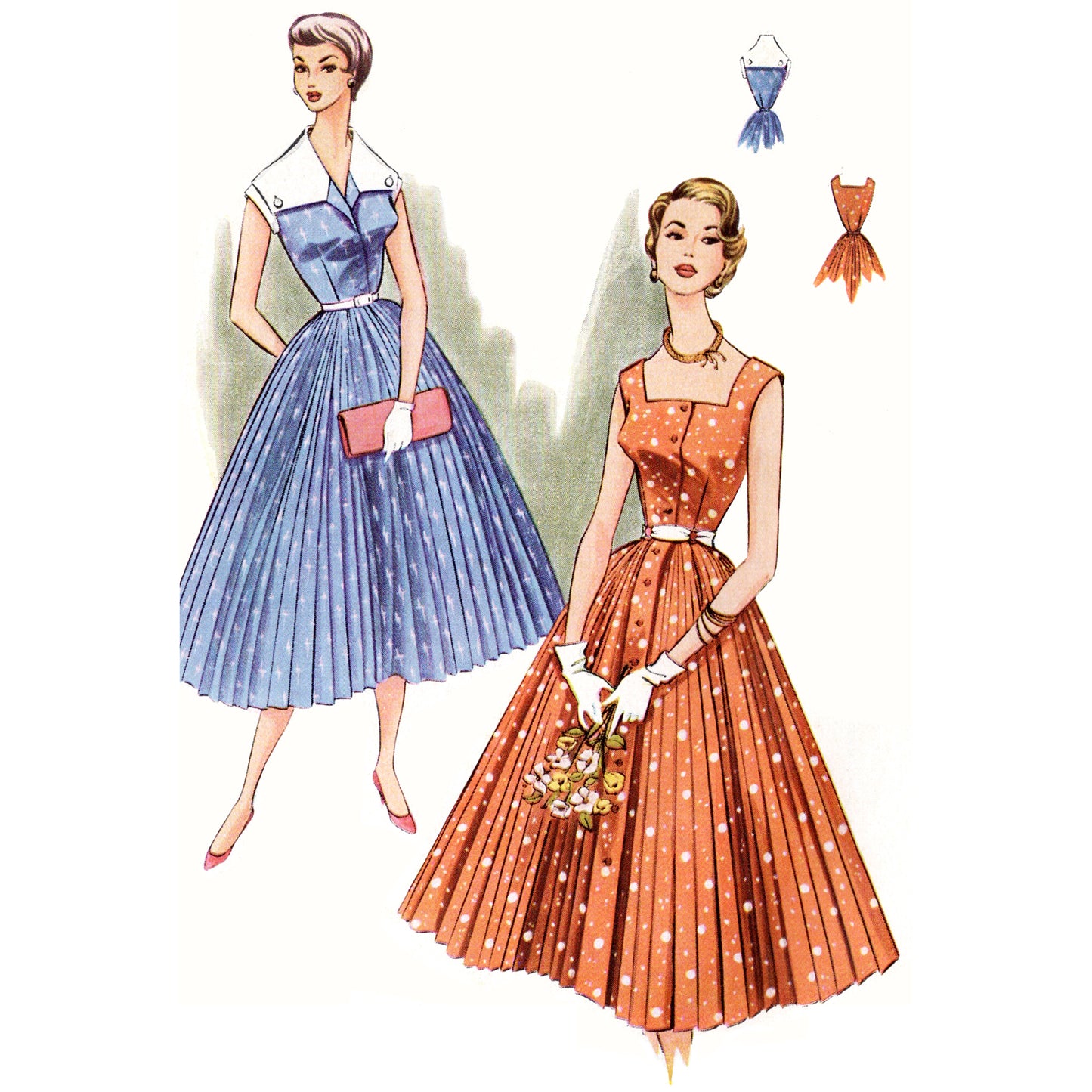 Illustration of two women wearing vintage dresses with patterned details.