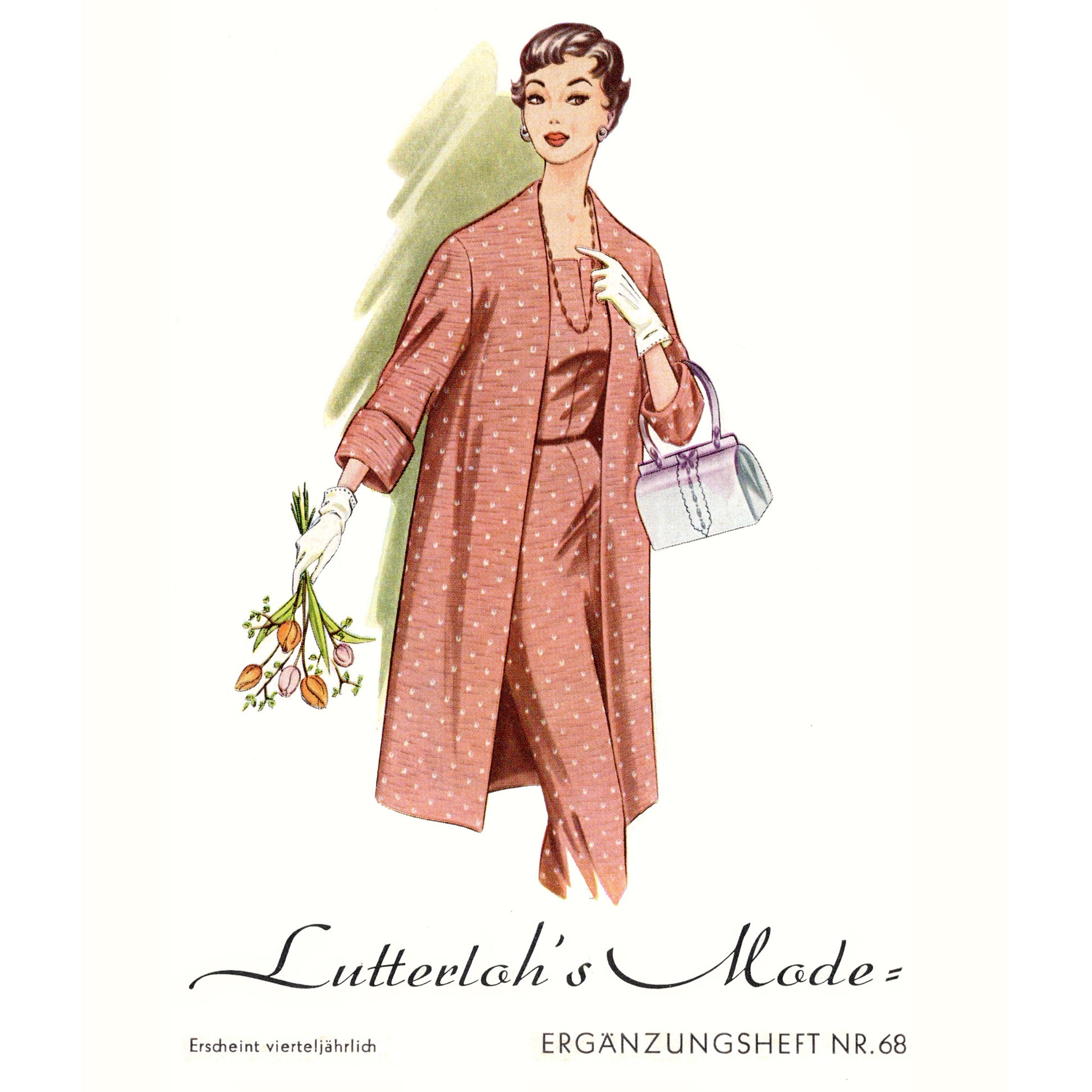 Vintage-style illustration of a woman in a pink outfit with a handbag and flowers, featuring the brand 'Lutterloh's Mode'.