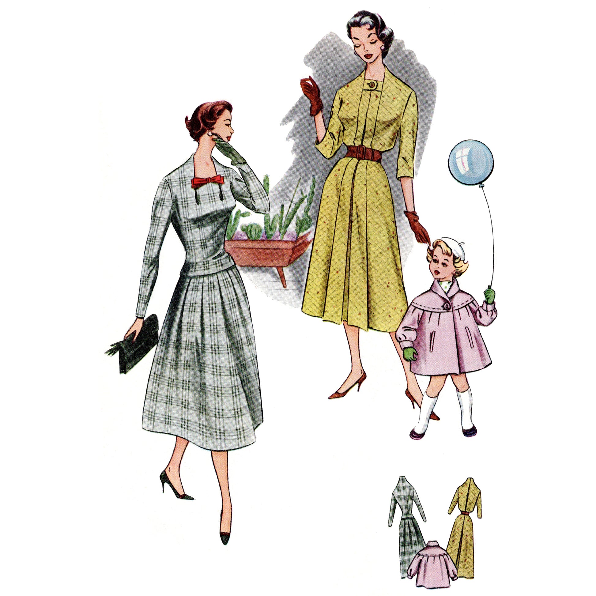 Vintage illustration of two women in different outfits with a small child holding a balloon.