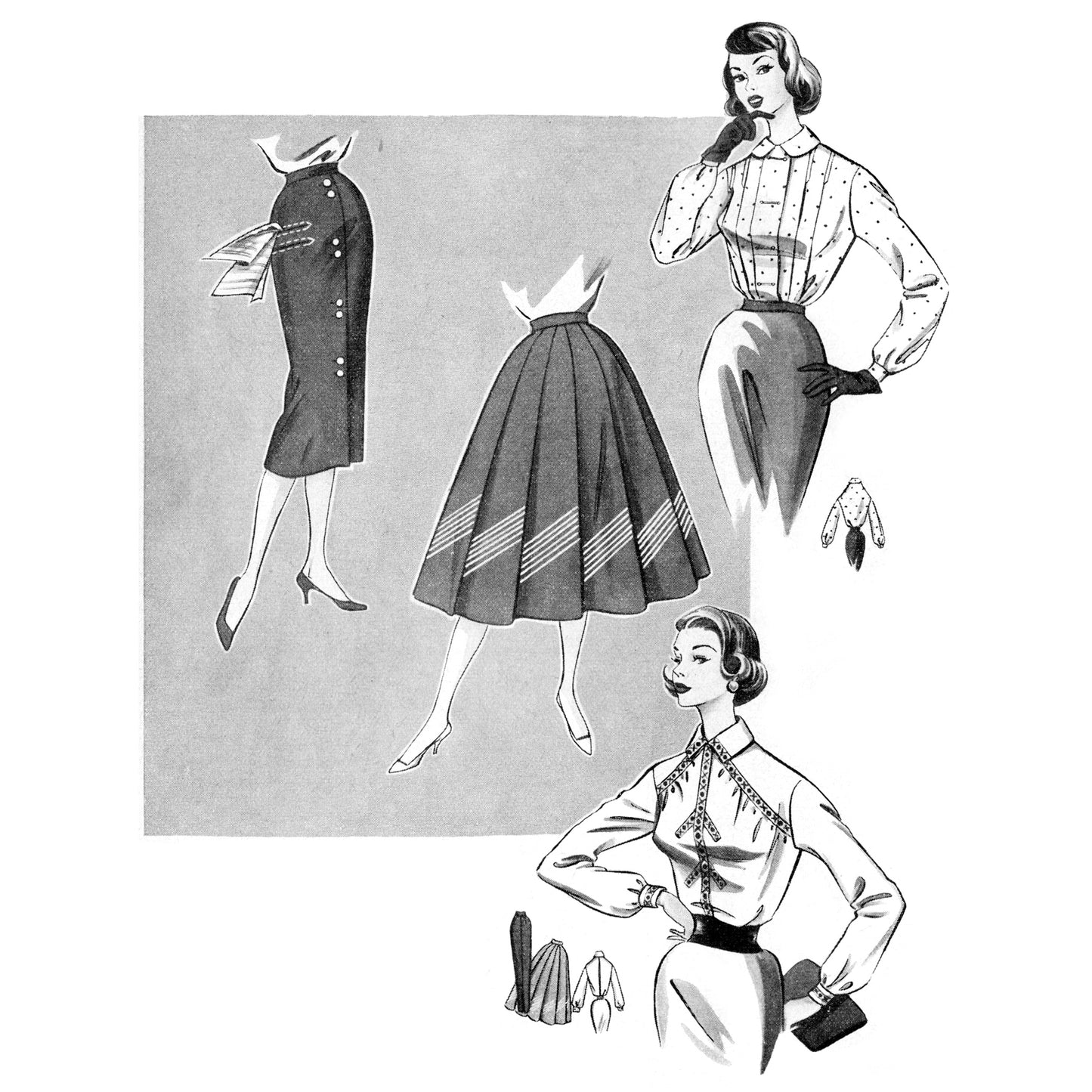 Vintage fashion illustration of a woman wearing a skirt and blouse with patterned details.