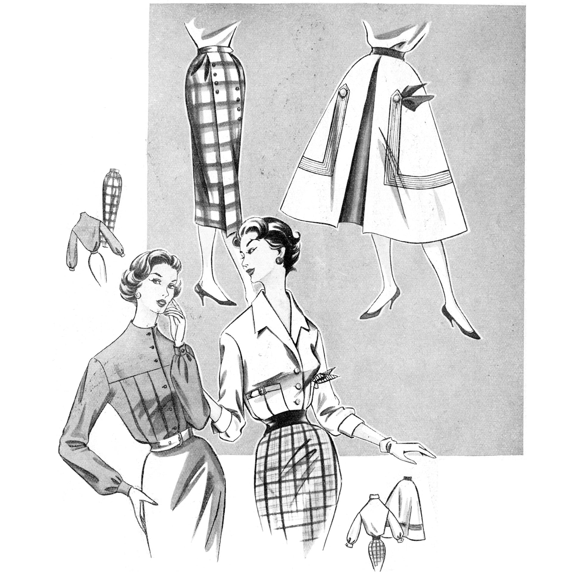 Vintage fashion illustration of two women with clothing items including skirts and blouses.