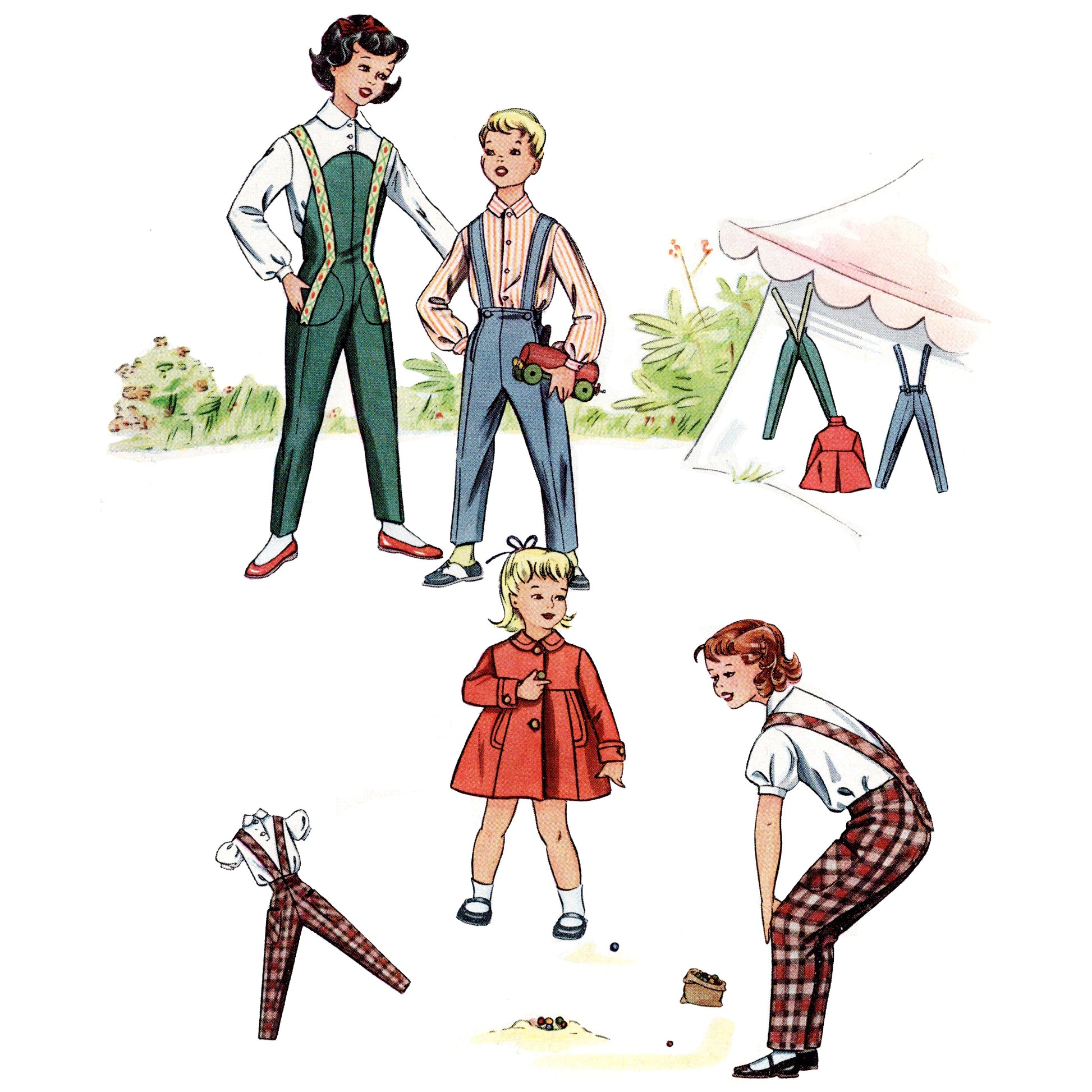 Vintage-style illustration of children in different outfits with a tent and backpack on a white background.
