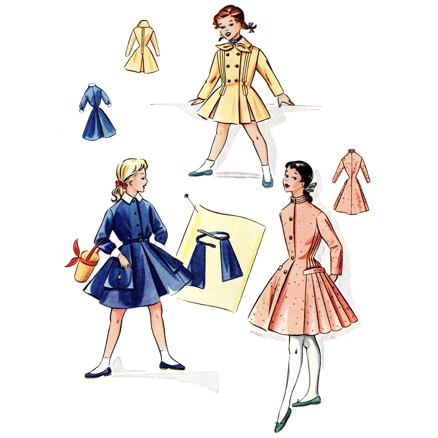 Vintage-style illustration of girls in colorful dresses and accessories on a white background
