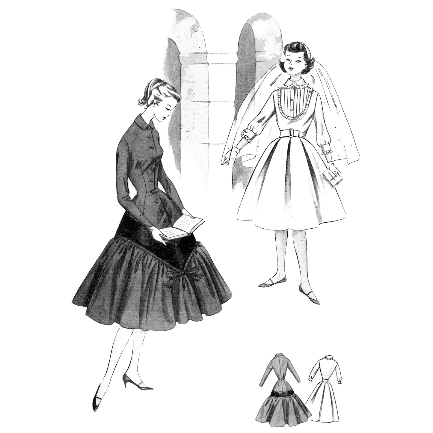 Black and white illustration of two girls in vintage clothing with a focus on dresses.