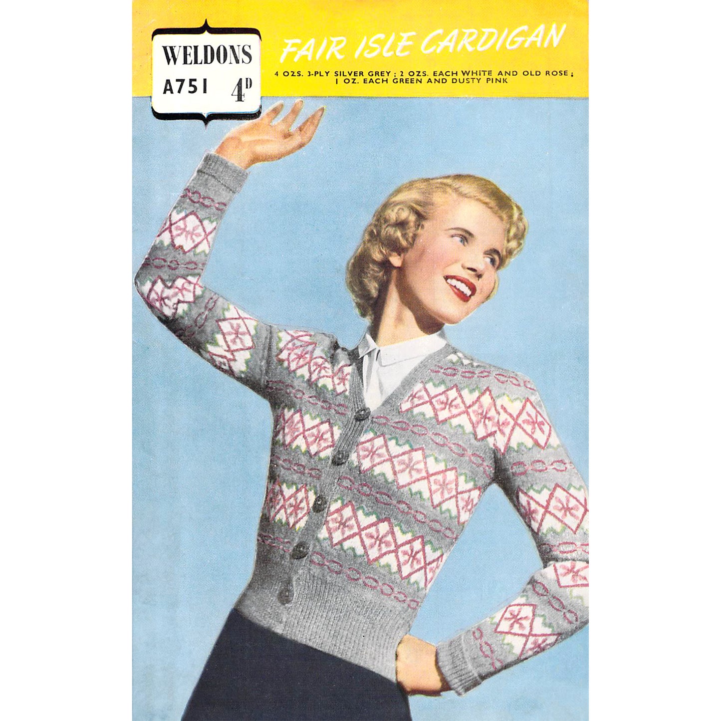 Pattern for 1940s Fair Isle cardigan Weldons A751