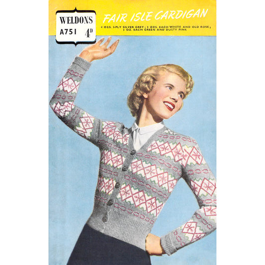 Pattern for 1940s Fair Isle cardigan Weldons A751