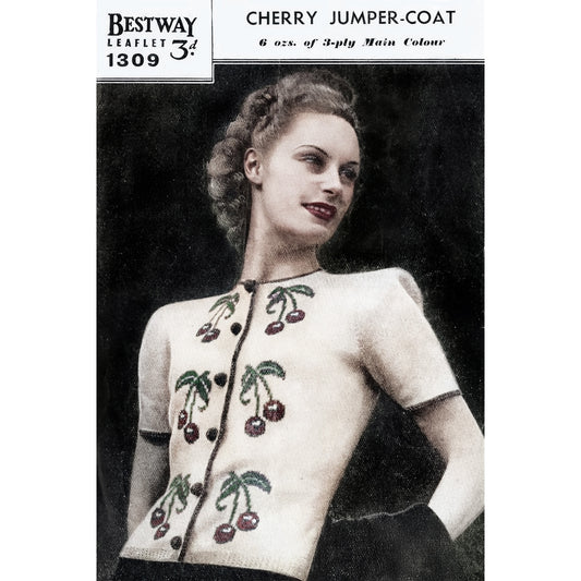 Vintage knitting pattern for a cherry-patterned sweater coat with a model wearing it.