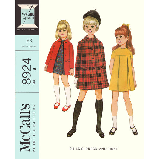 Vintage 1960s Sewing Pattern Girl’s Dress Coat McCall’s 8924 Sixties Child Box Pleat Dress Coat Peter Pan Collar Faux Pockets Unlined Size 5 - pattern envelope cover showing three girls