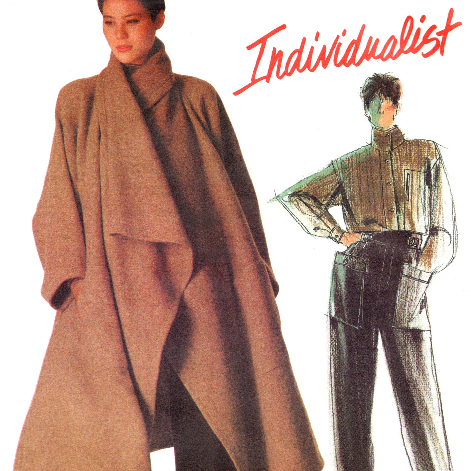 Vintage Vogue sewing pattern V1476 Issey Miyake coat, pants, and shirt size 14 - envelope front close-up