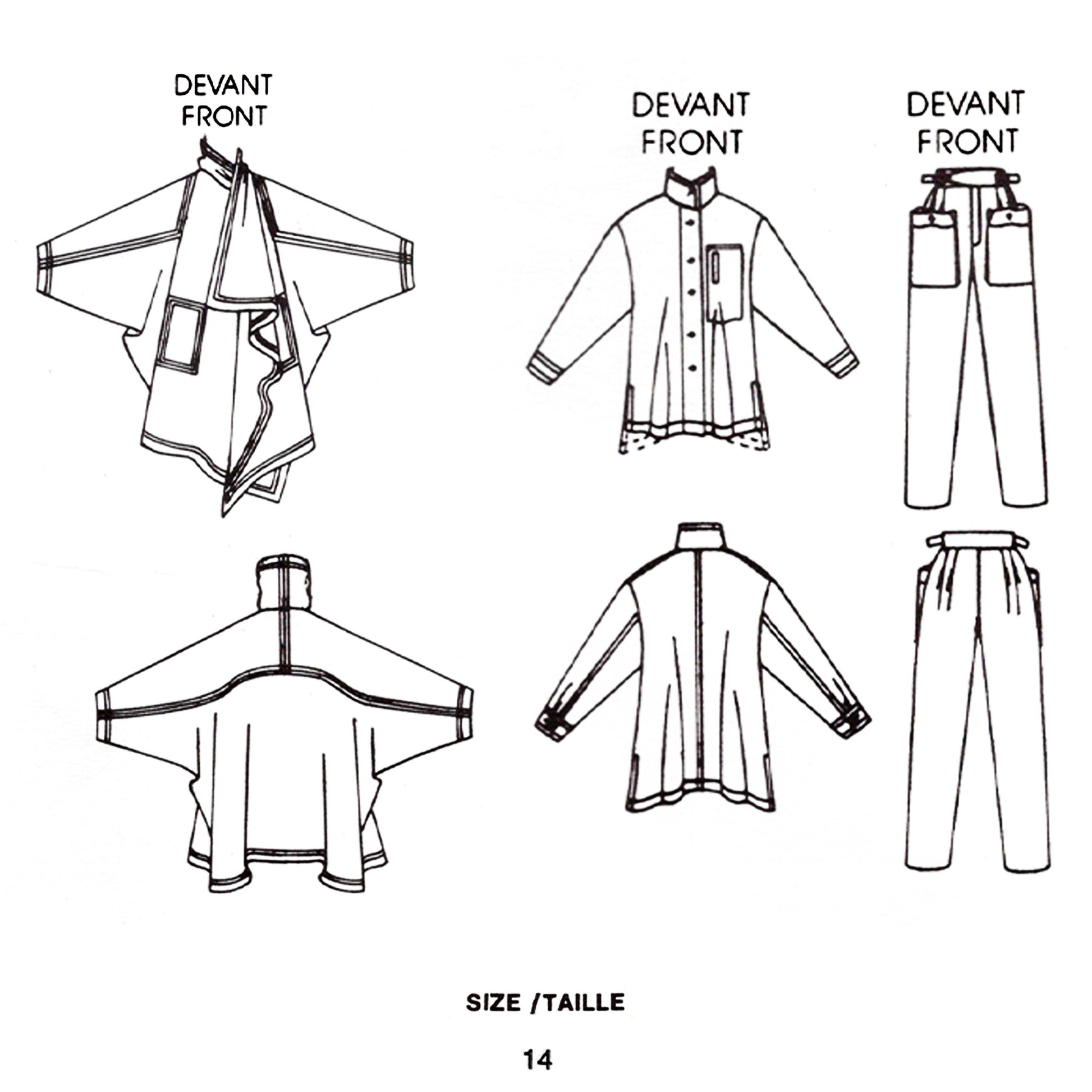 Vintage Vogue sewing pattern V1476 Issey Miyake coat, pants, and shirt size 14 - line art