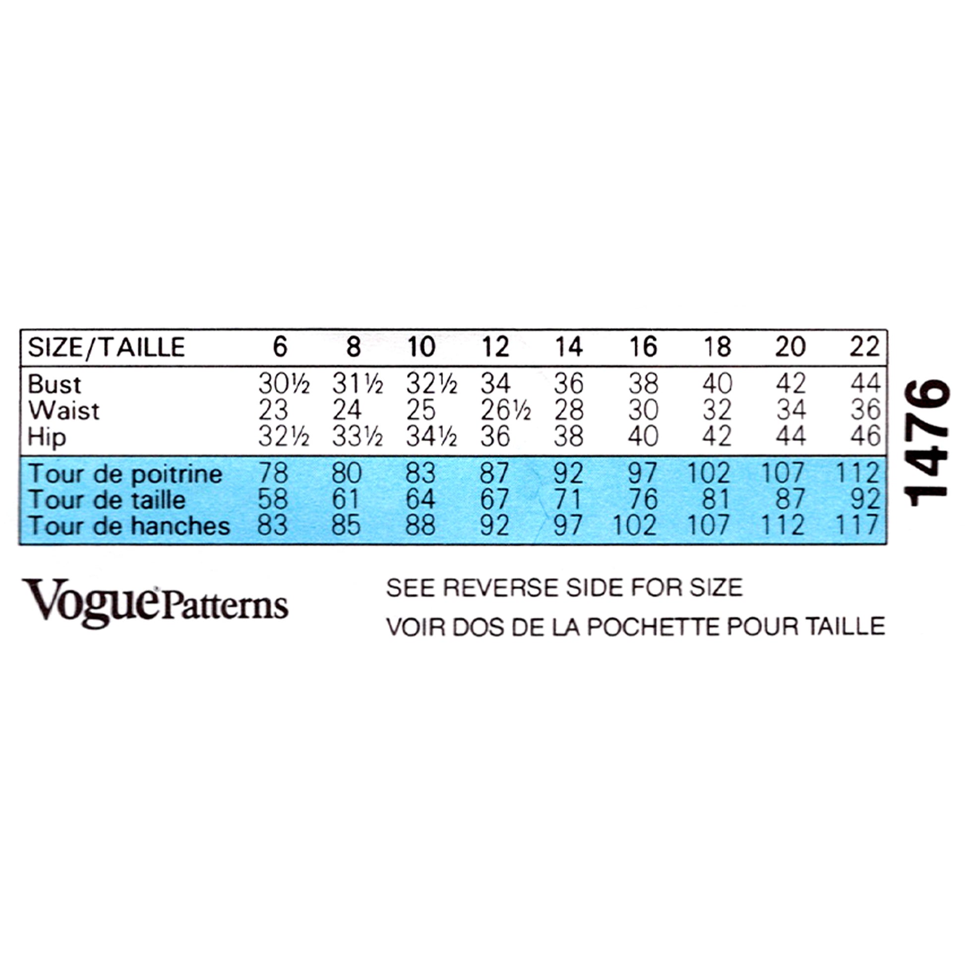 Vintage Vogue sewing pattern V1476 Issey Miyake coat, pants, and shirt size 14 - measurement chart