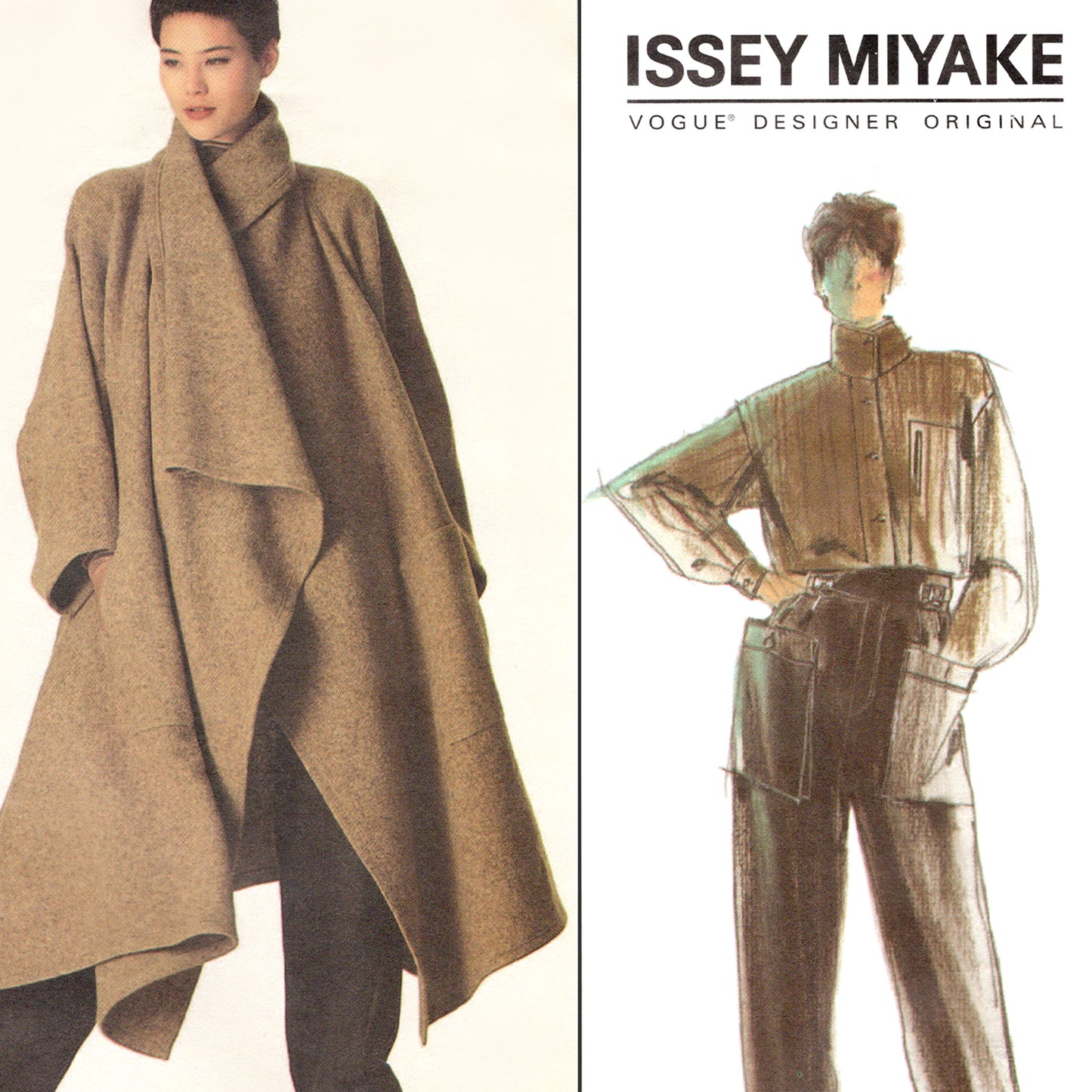 Vintage Vogue sewing pattern V1476 Issey Miyake coat, pants, and shirt - envelope front close-up
