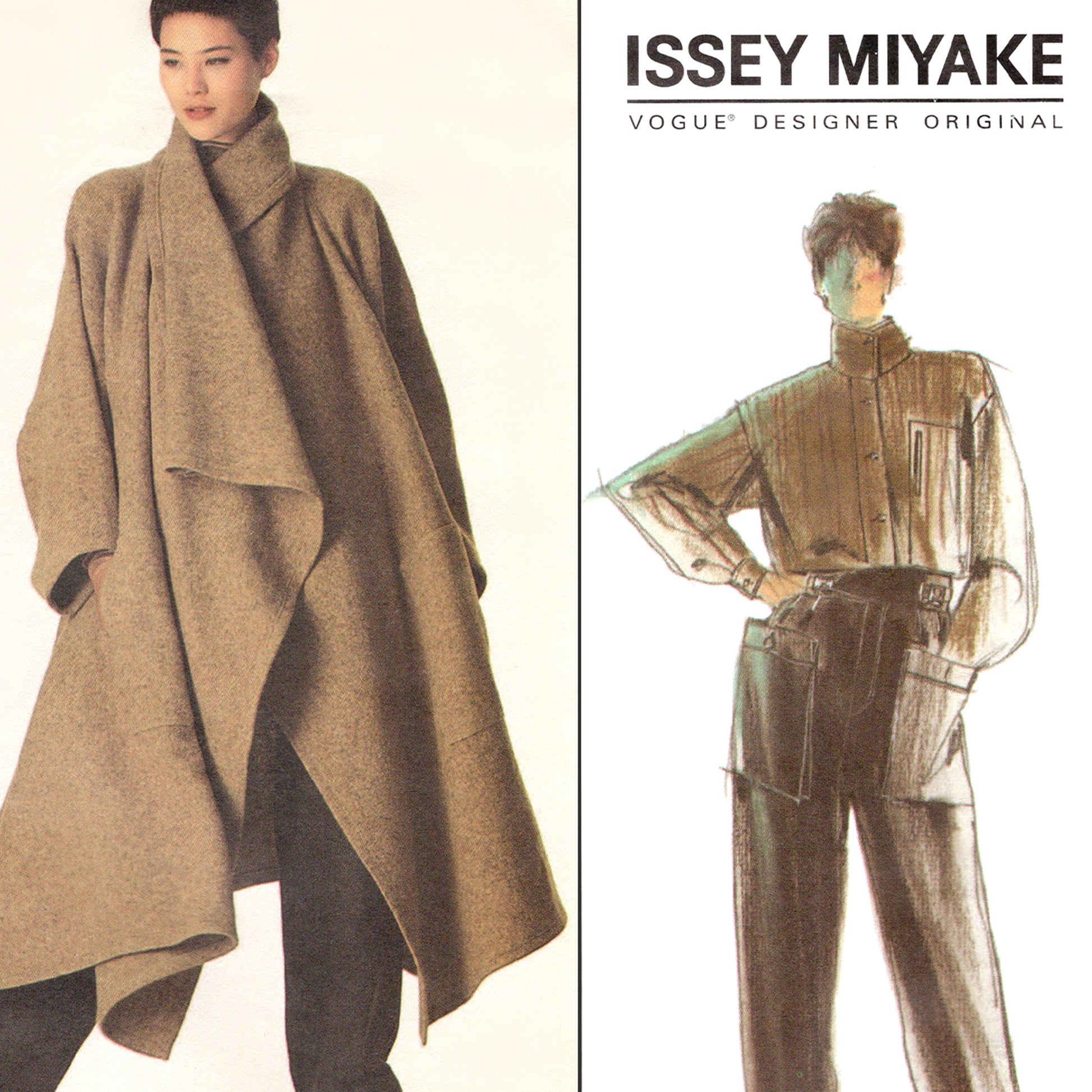 Vintage Vogue sewing pattern V1476 Issey Miyake coat, pants, and shirt - envelope front close-up