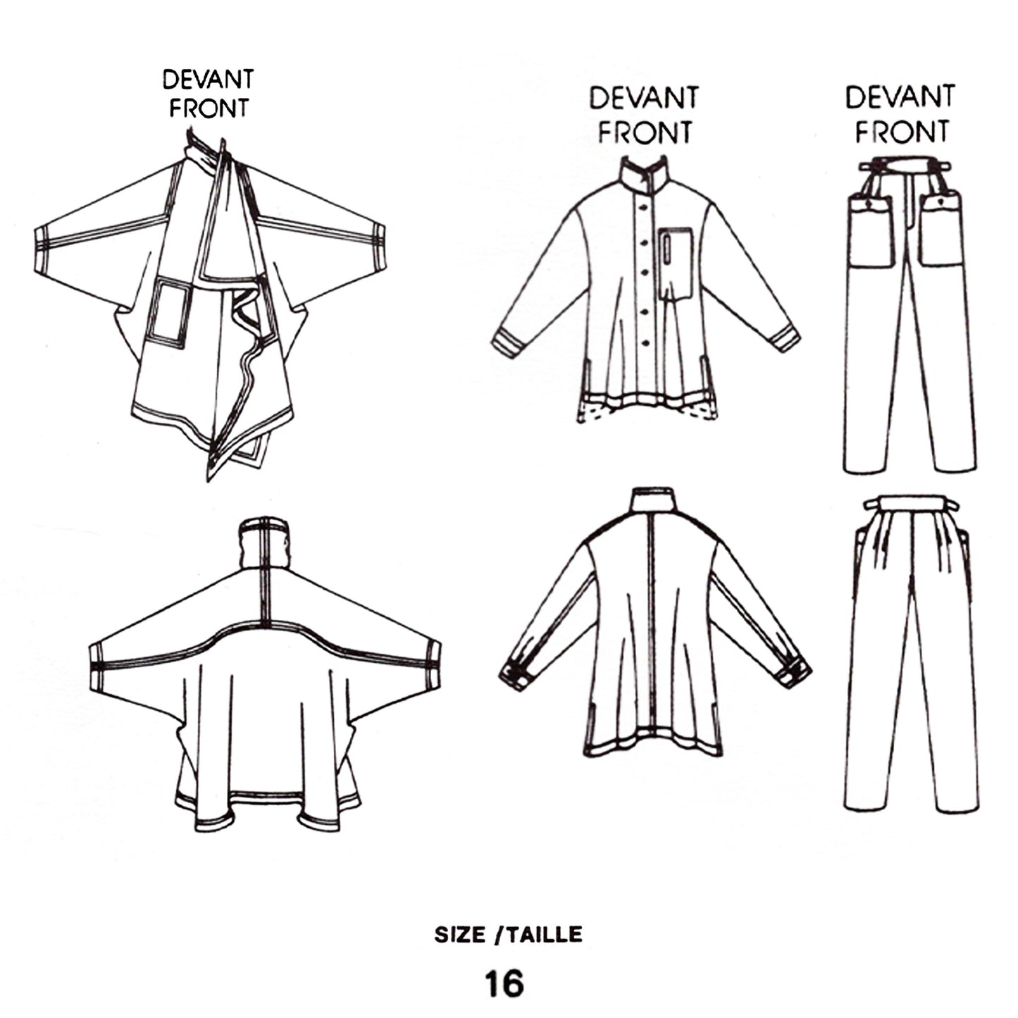 Vintage Vogue sewing pattern V1476 Issey Miyake coat, pants, and shirt - line art
