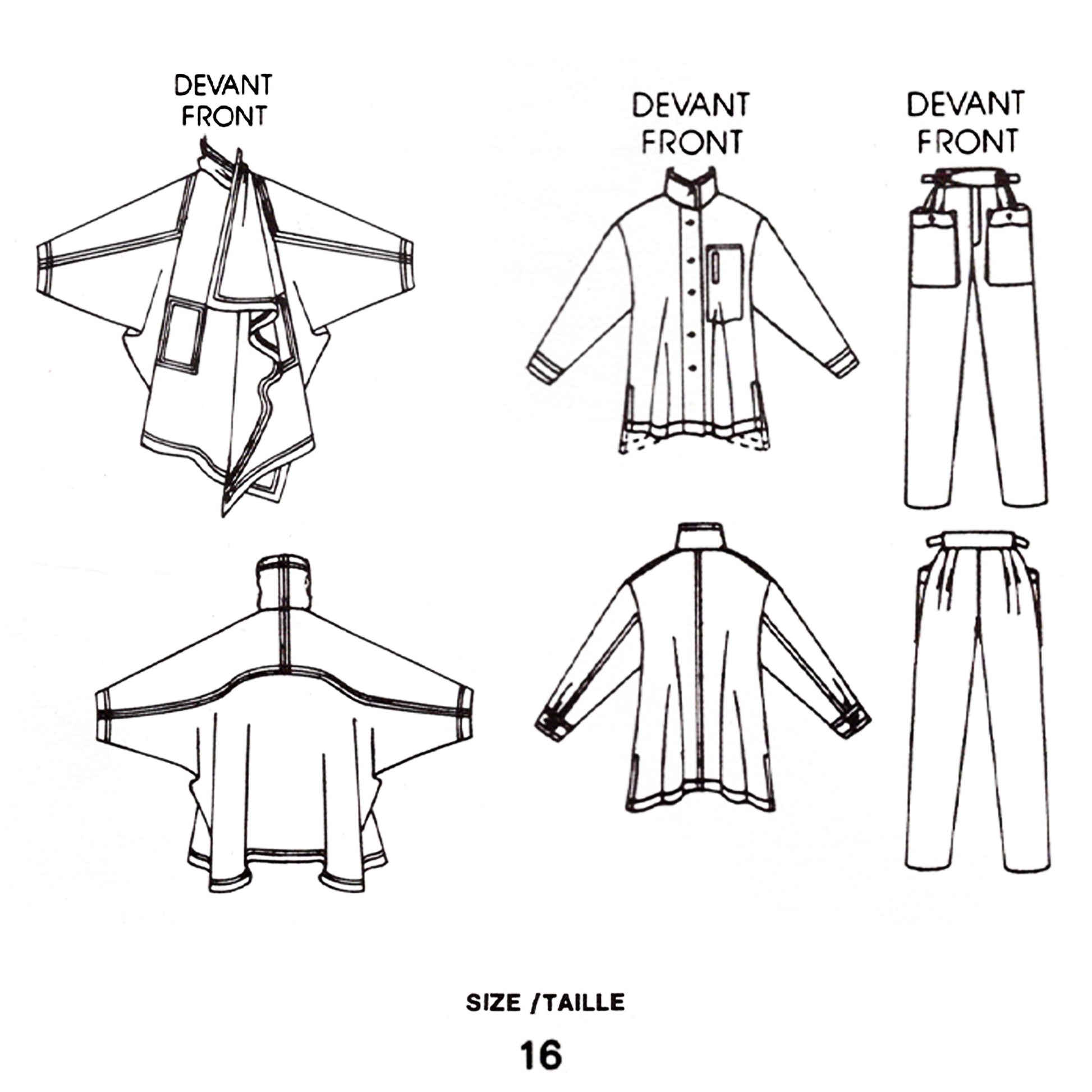 Vintage Vogue sewing pattern V1476 Issey Miyake coat, pants, and shirt - line art