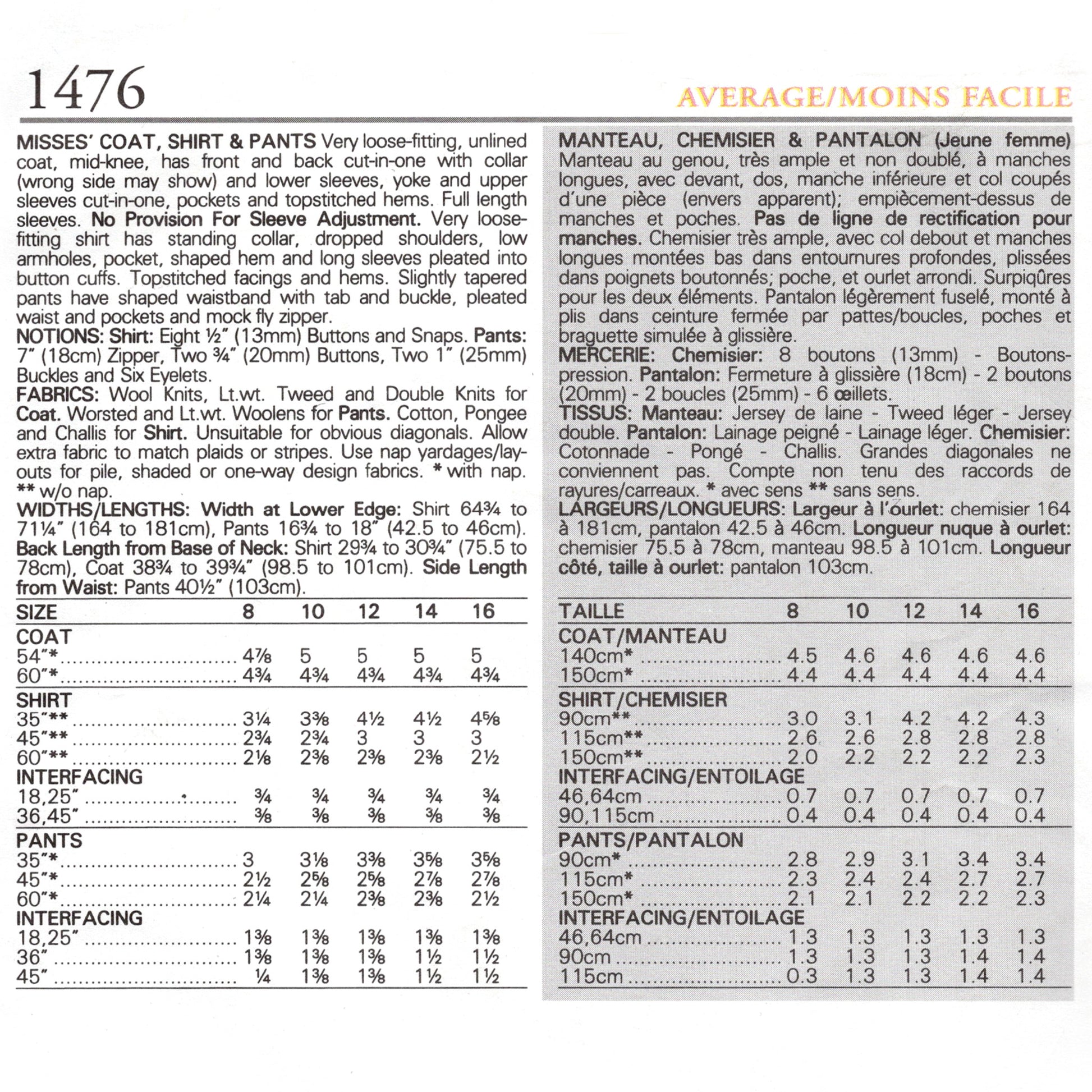 Vintage Vogue sewing pattern V1476 Issey Miyake coat, pants, and shirt - fabric requirement chart
