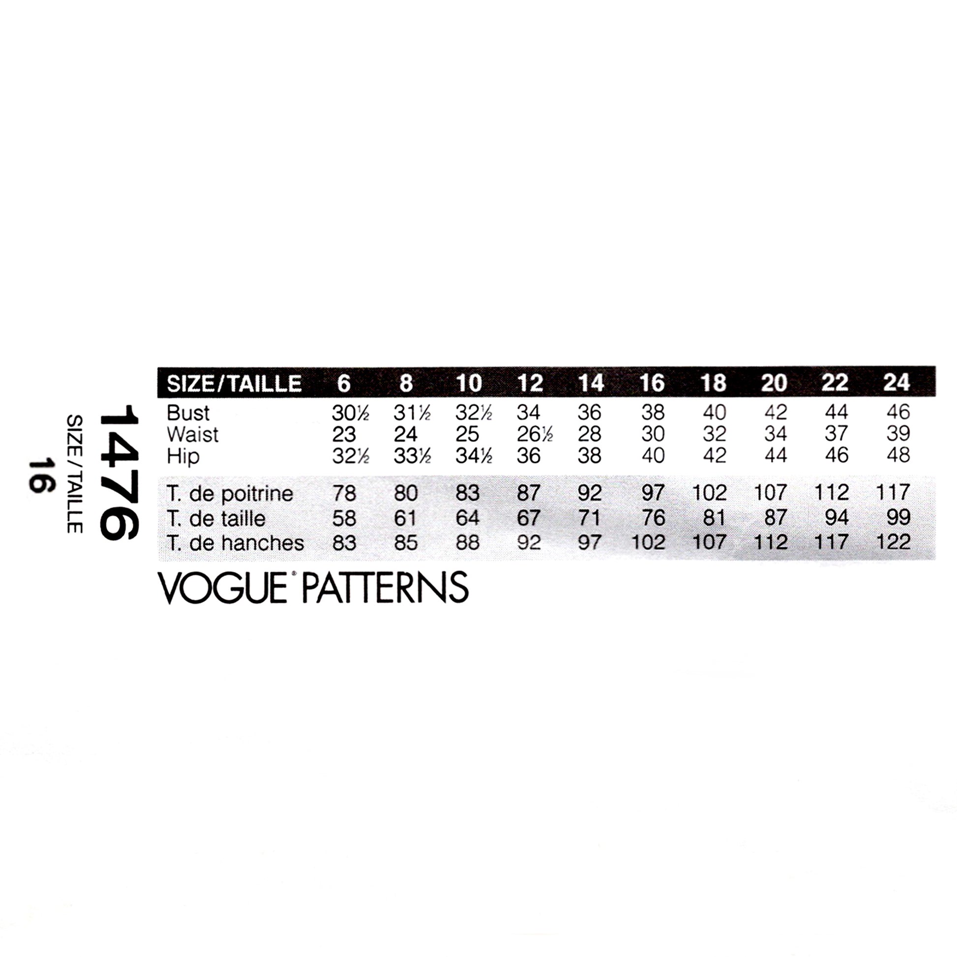 Vintage Vogue sewing pattern V1476 Issey Miyake coat, pants, and shirt - measurement chart