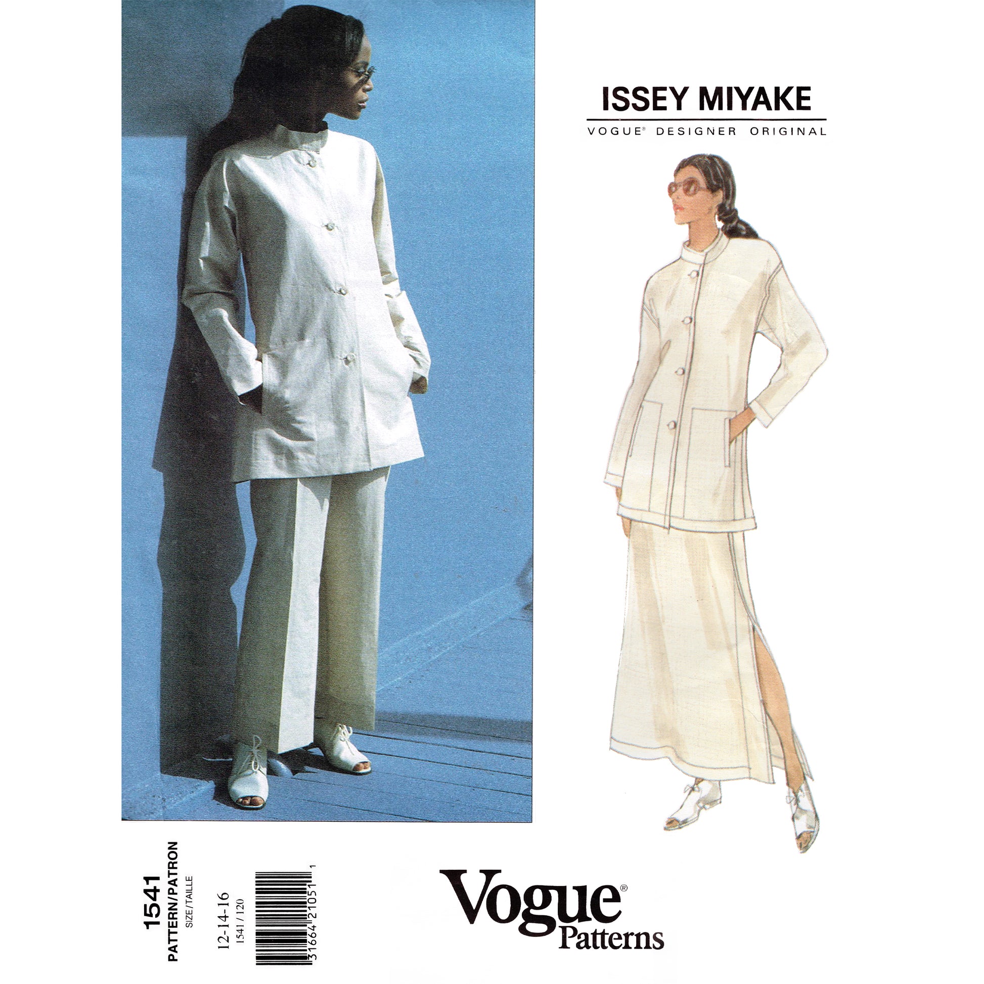 
Vogue pattern 1541 envelope cover showing a model wearing matching jacket and pants, with an illustration showing the jacket worn with a skirt