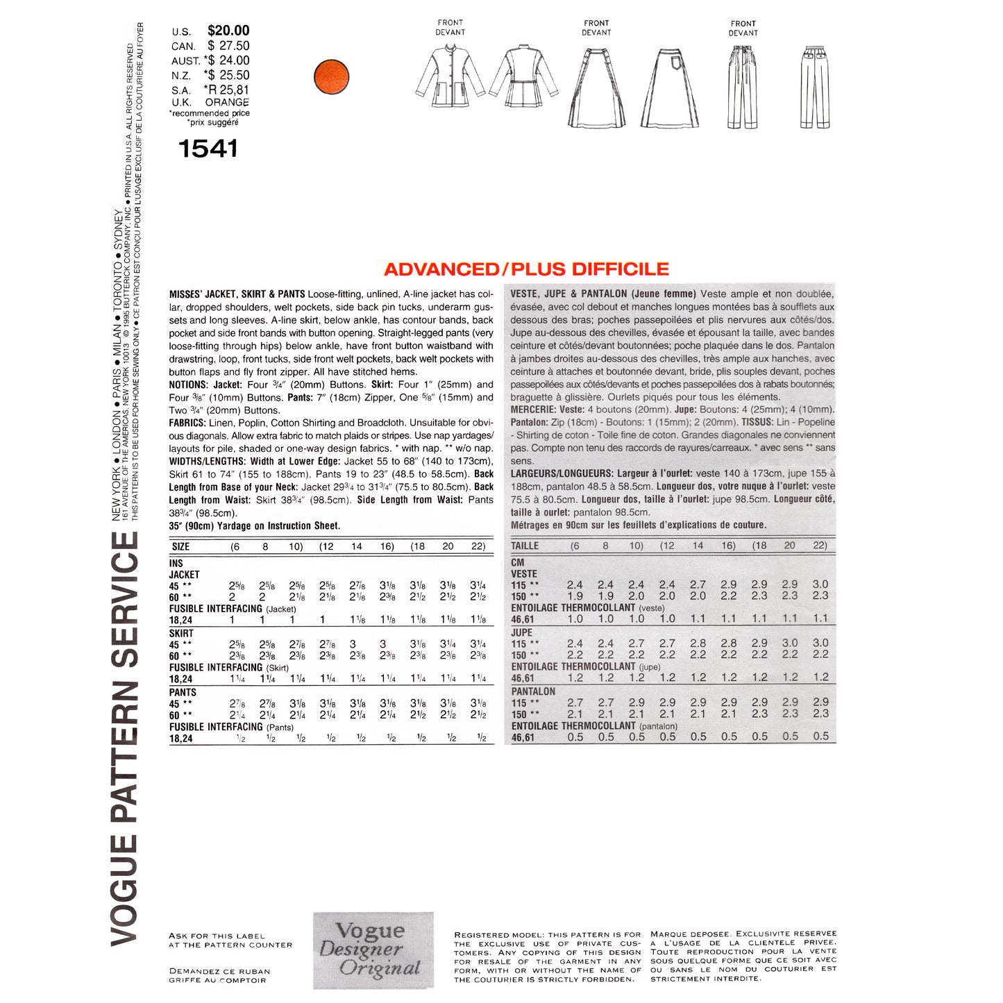 Vogue patterns dress design sheet with measurements and fabric requirements.