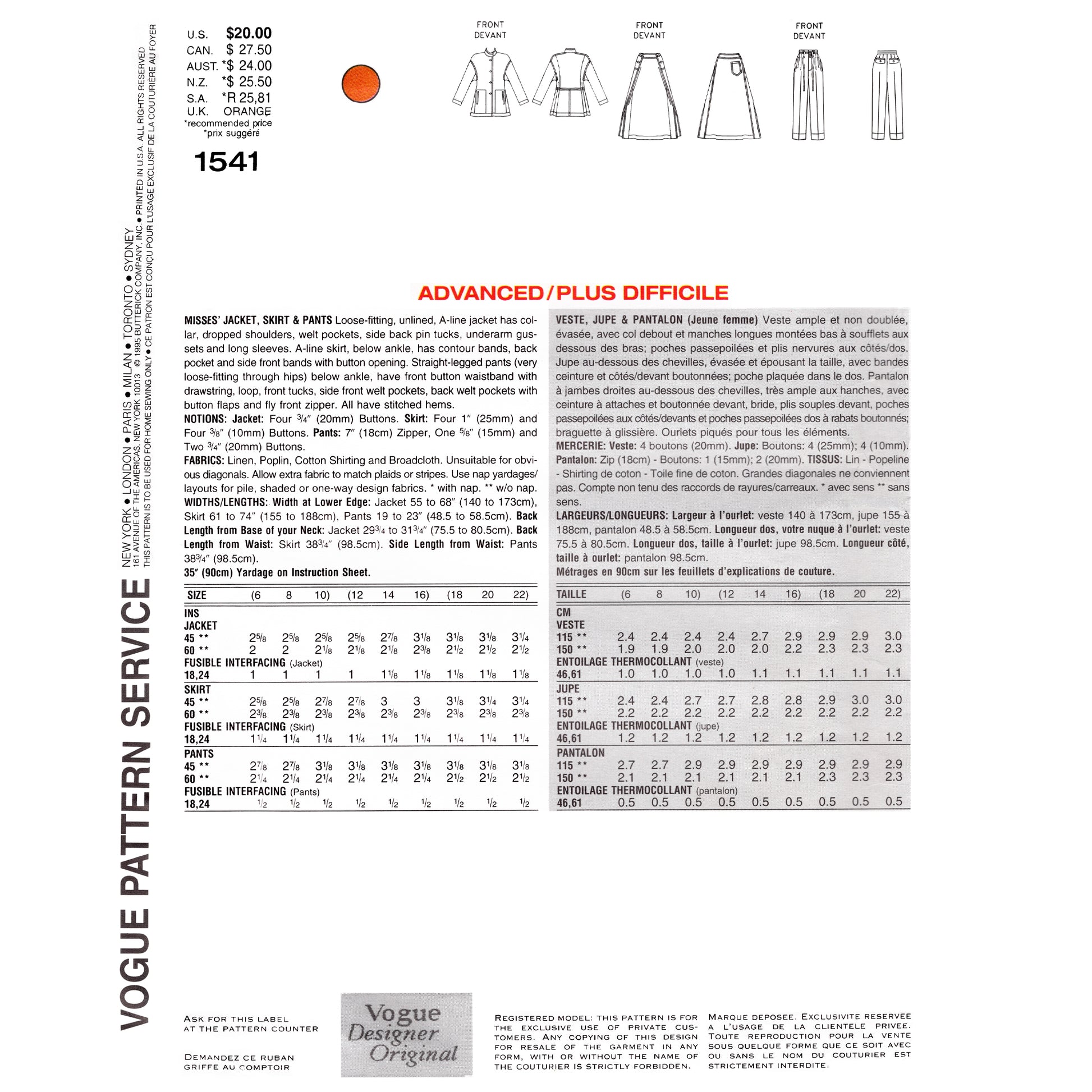 Vogue patterns dress design sheet with measurements and fabric requirements.