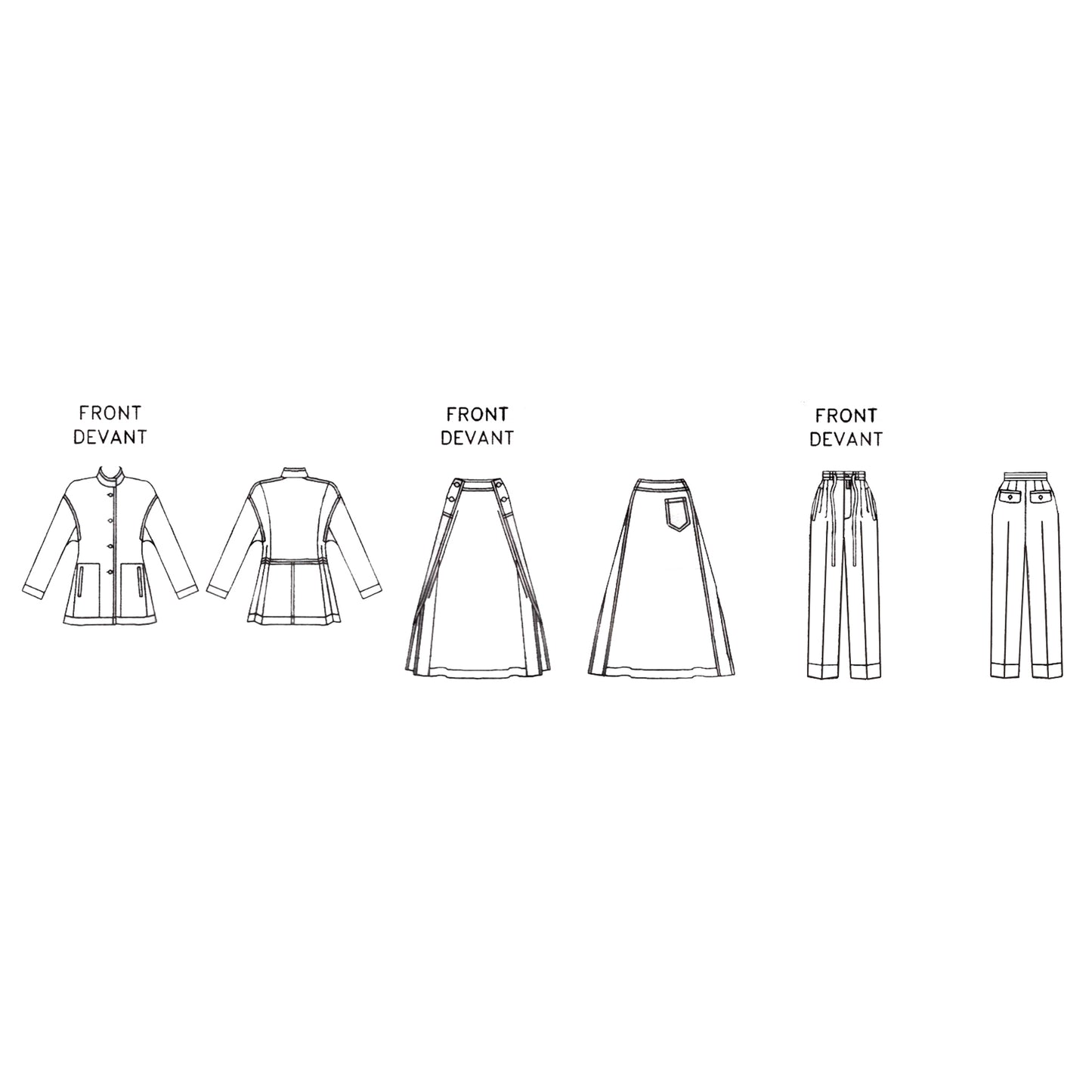 Technical line drawings of front and back views of a jacket, pants, and skirt on a white background