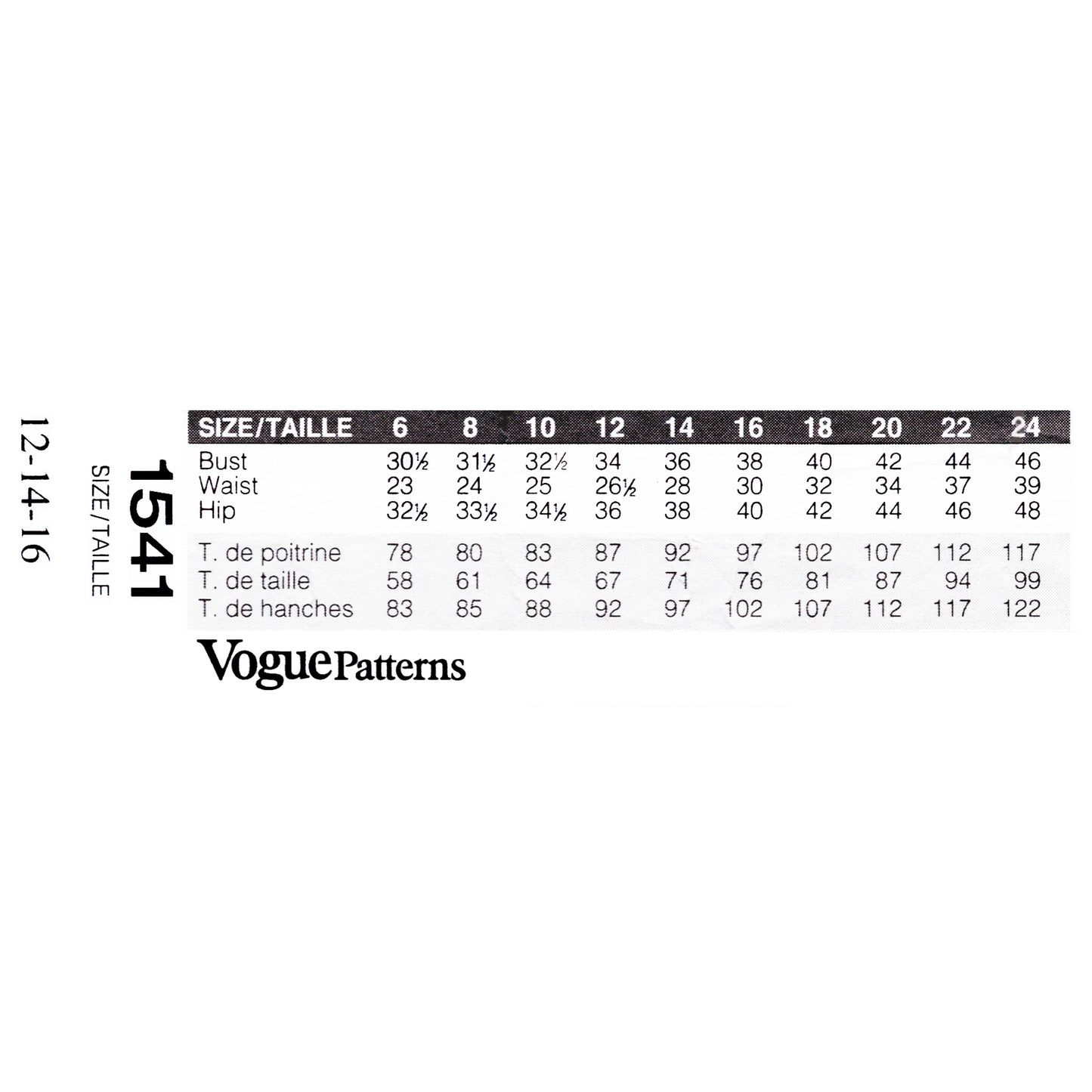 Vogue Patterns size chart on a white background