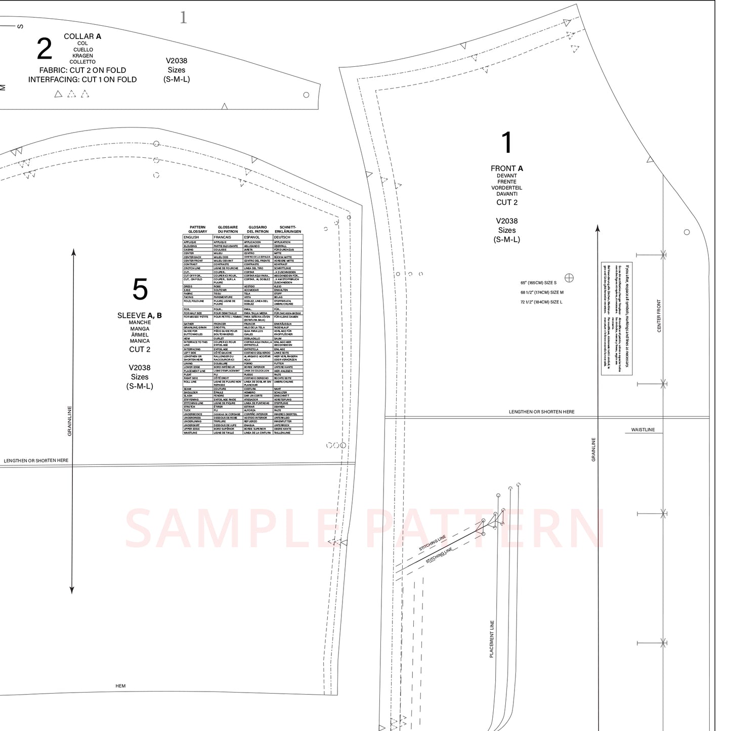 Technical drawing of a garment pattern with measurements and labels
