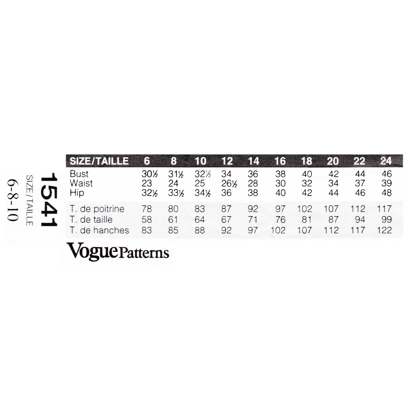 Vogue Patterns size chart on a white background