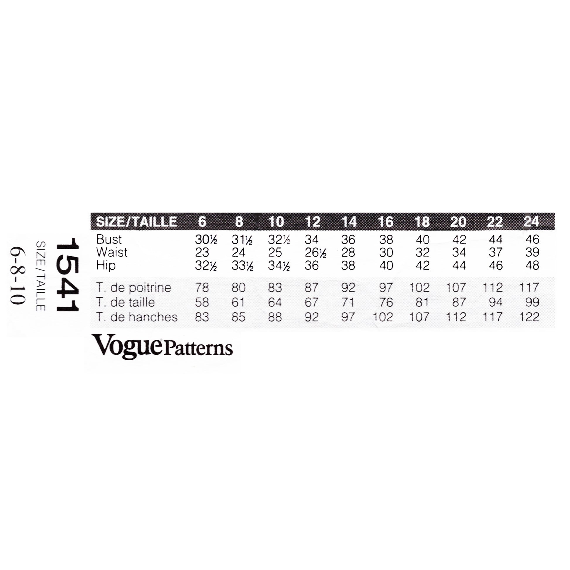 Vogue Patterns size chart on a white background