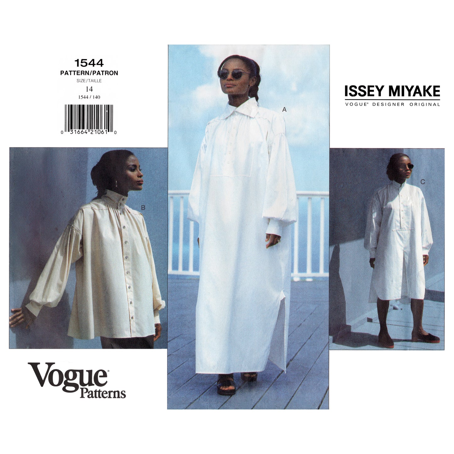 Vogue pattern 1544 envelope cover featuring a model wearing an Issey Miyake dress and two tops, all in white.