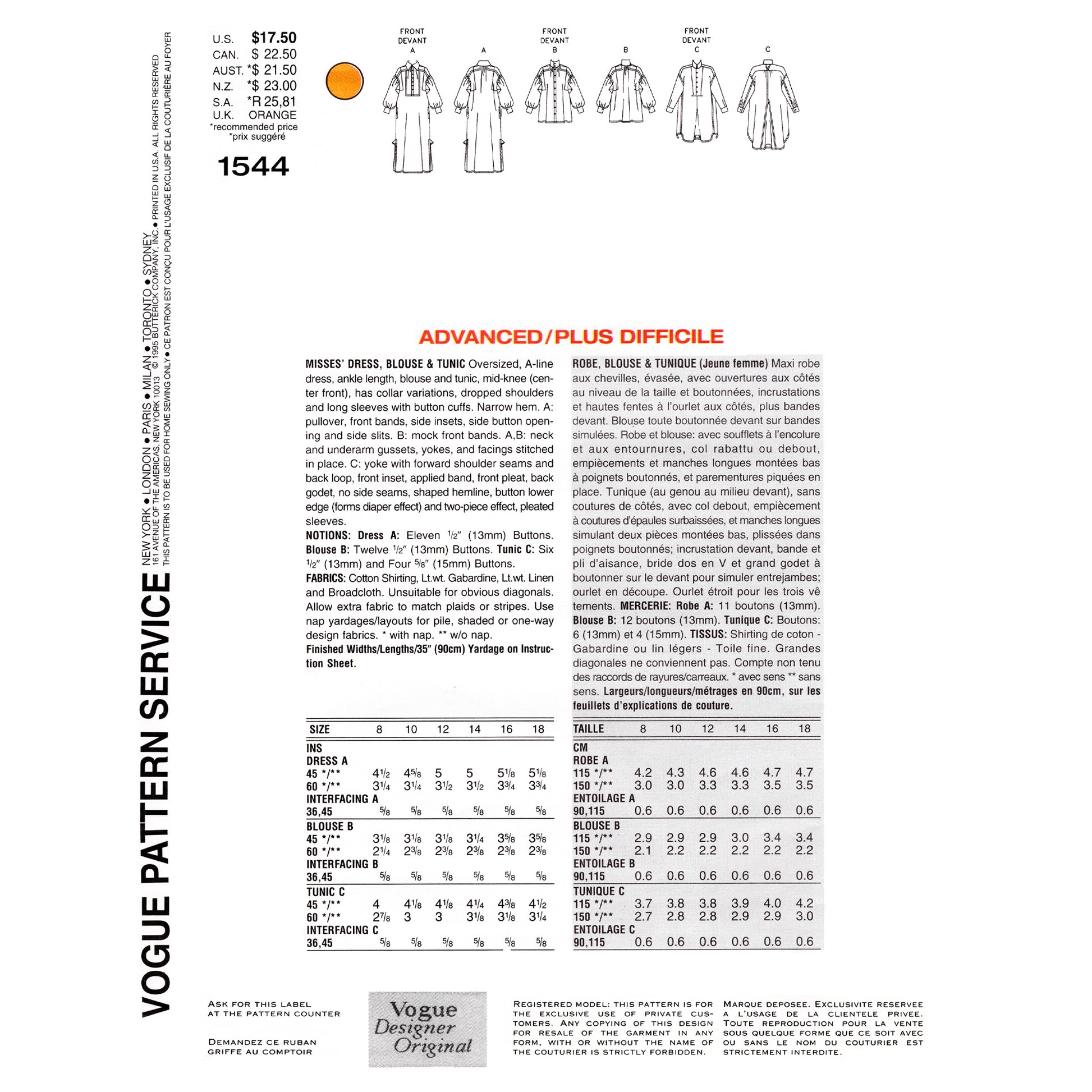 Vogue patterns dress design sheet with measurements and fabric requirements.