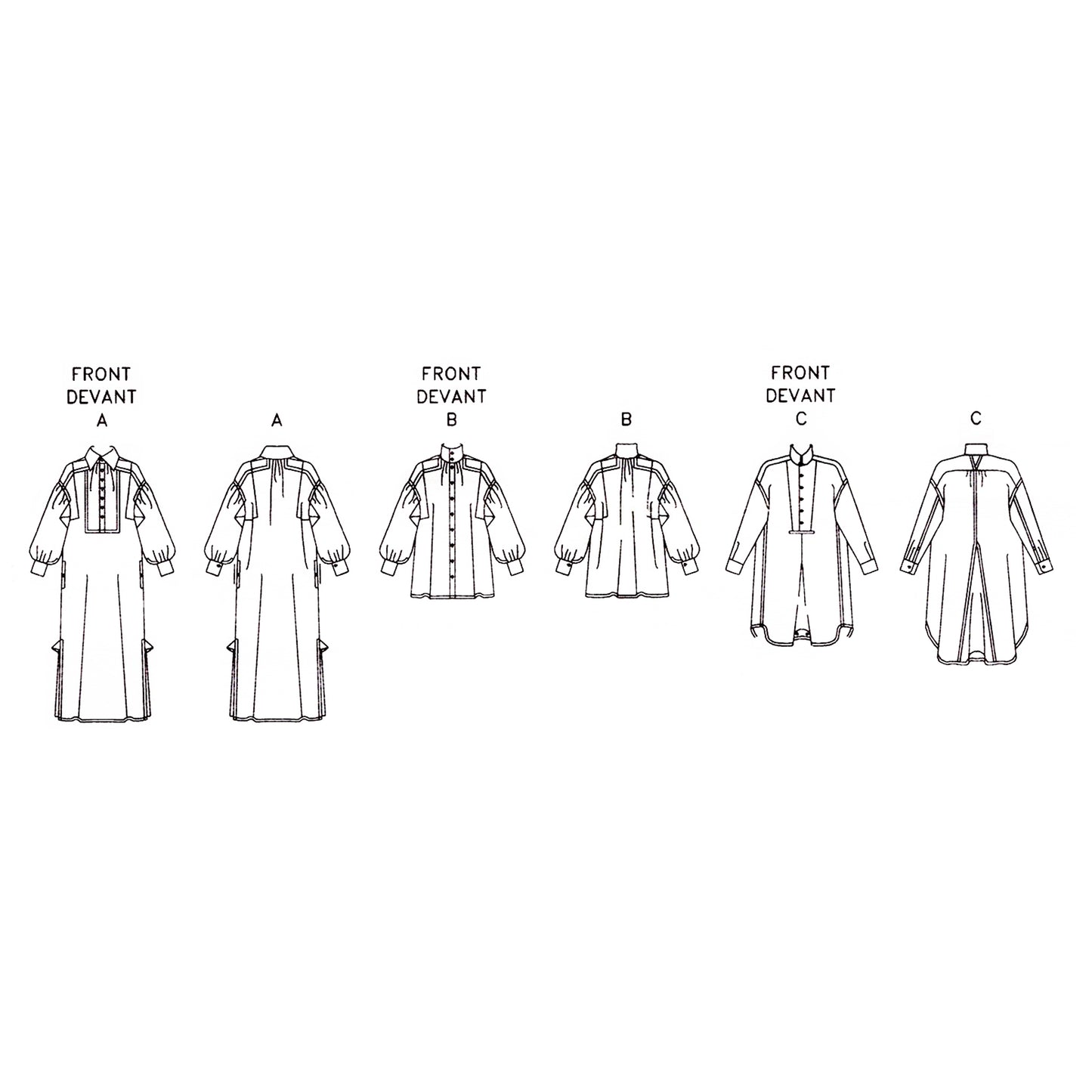 Line drawings of front and back views of a dress and two tops on a white background