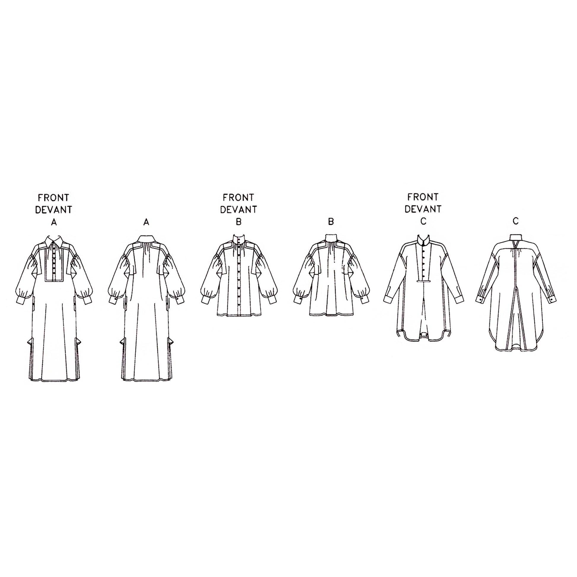 Line drawings of front and back views of a dress and two tops on a white background
