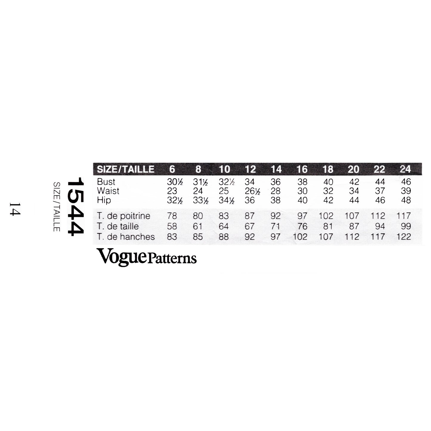 Vogue Patterns size chart for garment measurements on a white background