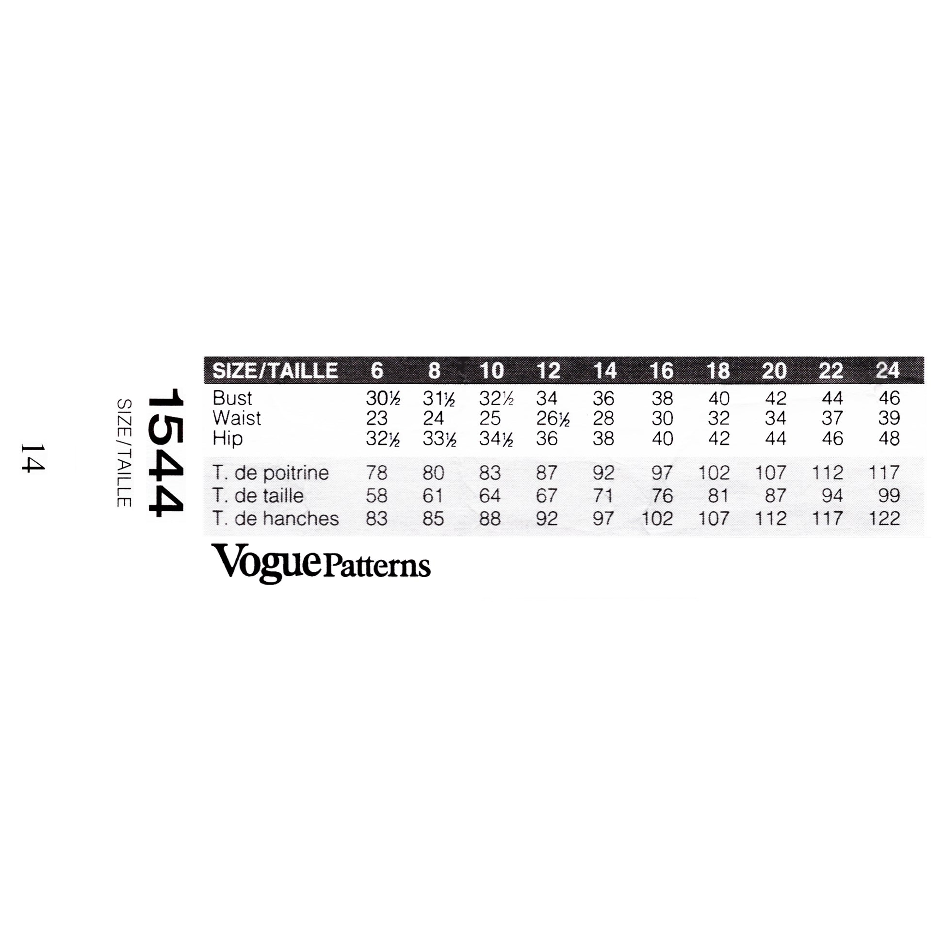 Vogue Patterns size chart for garment measurements on a white background