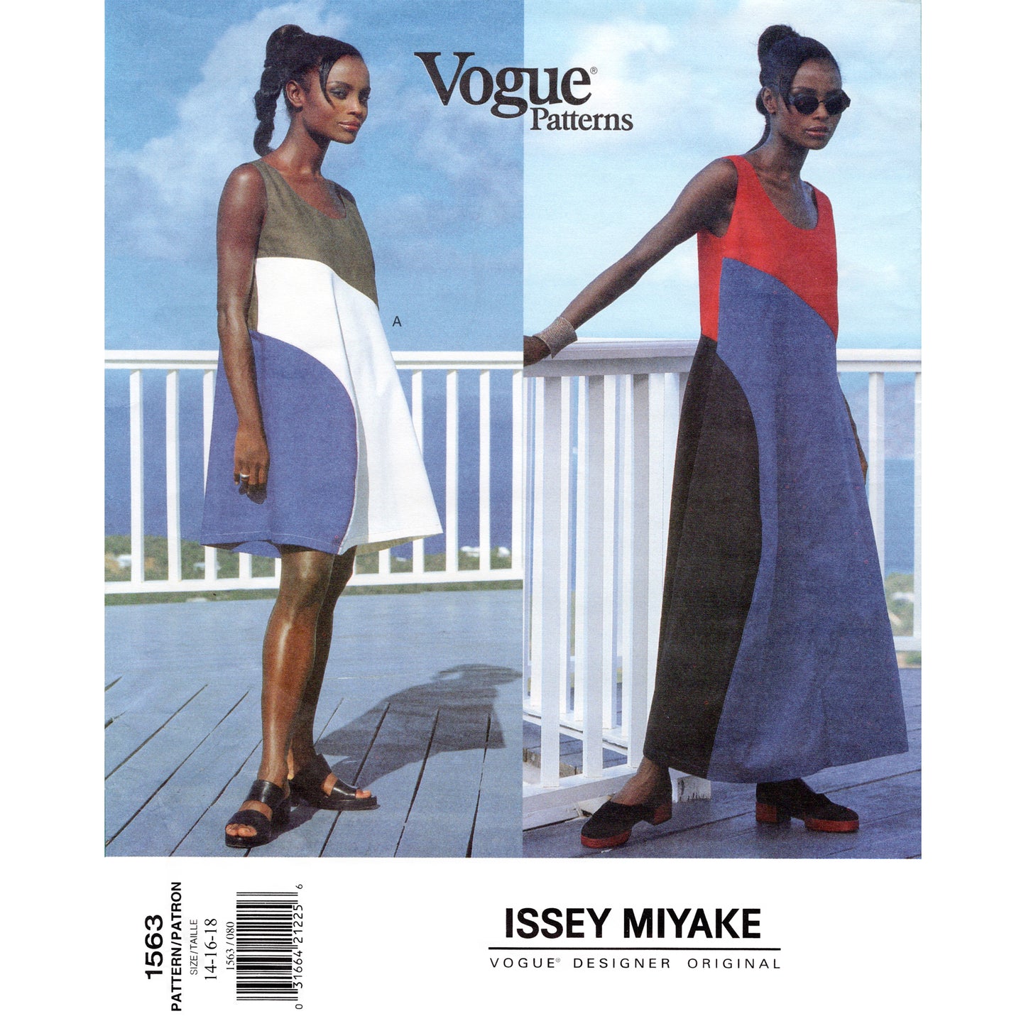 Vogue sewing pattern envelope front for Issey Miyake pattern 1563, featuring two models wearing color-blocked sleeveless dresses in short and long versions on an outdoor deck  under a blue sky.