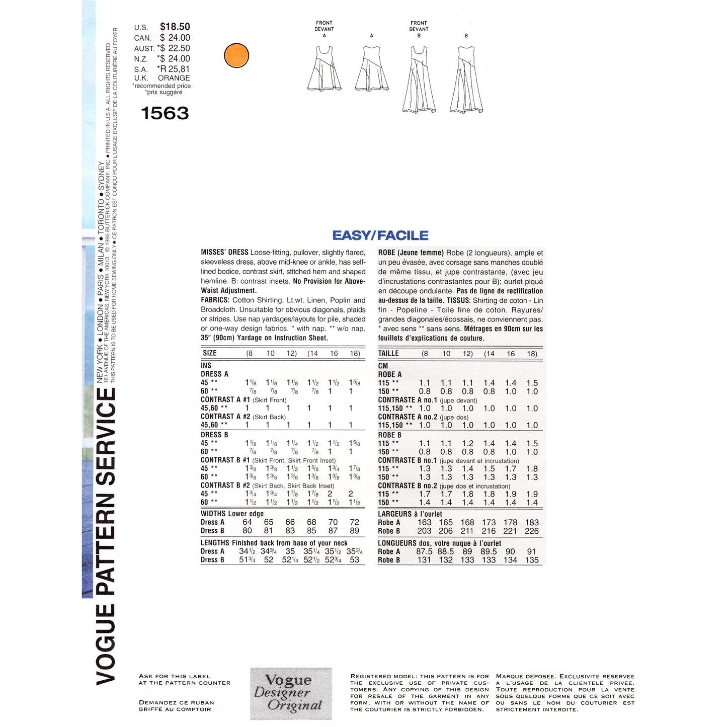 Vogue patterns dress design sheet with measurements and fabric requirements.