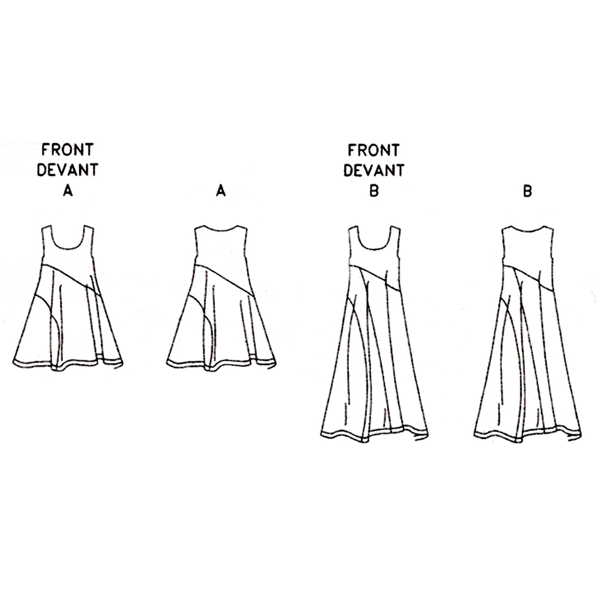 Technical drawing of a dress with front and back views labeled A and B on a white background.
