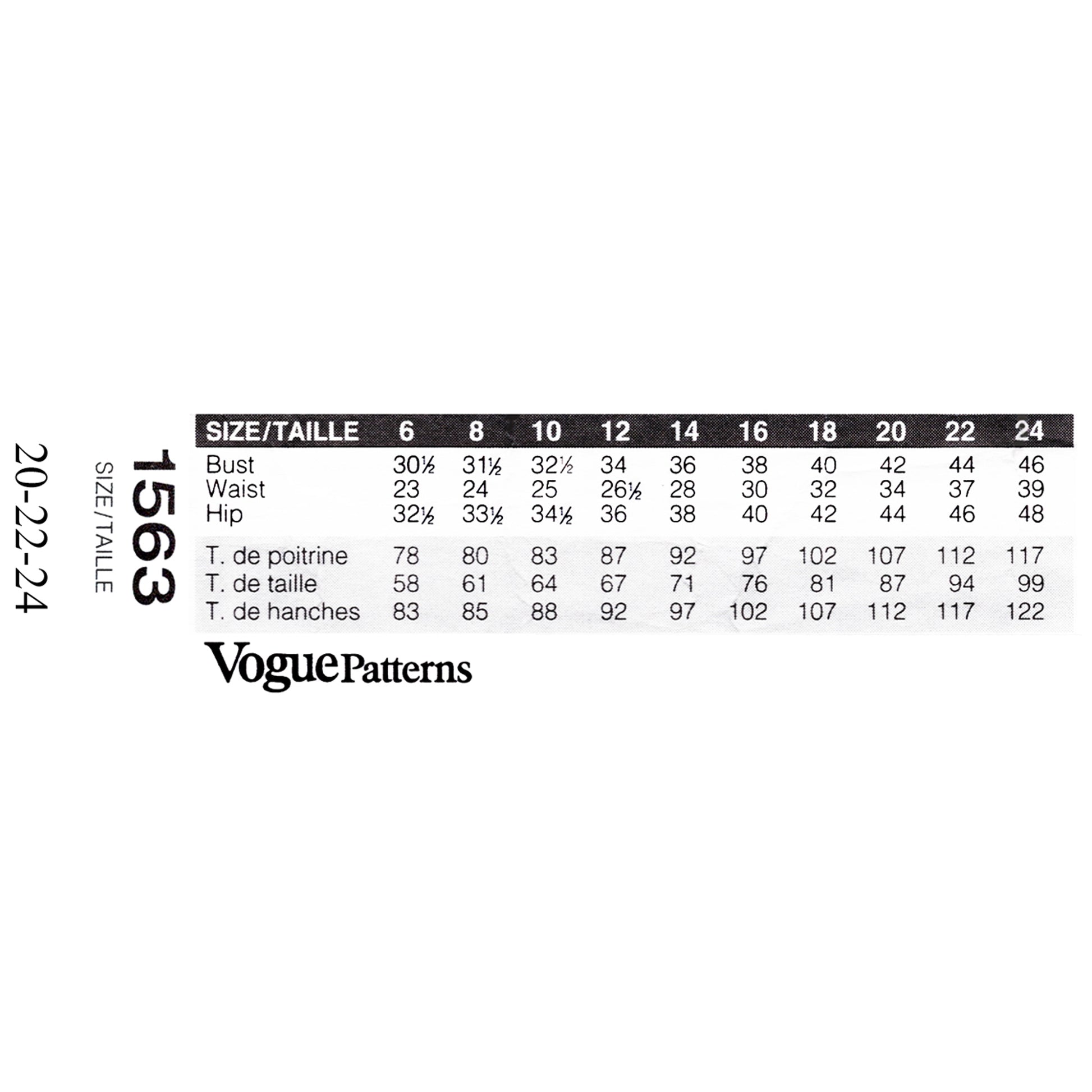 Vogue Patterns size chart for garment measurements on a white background