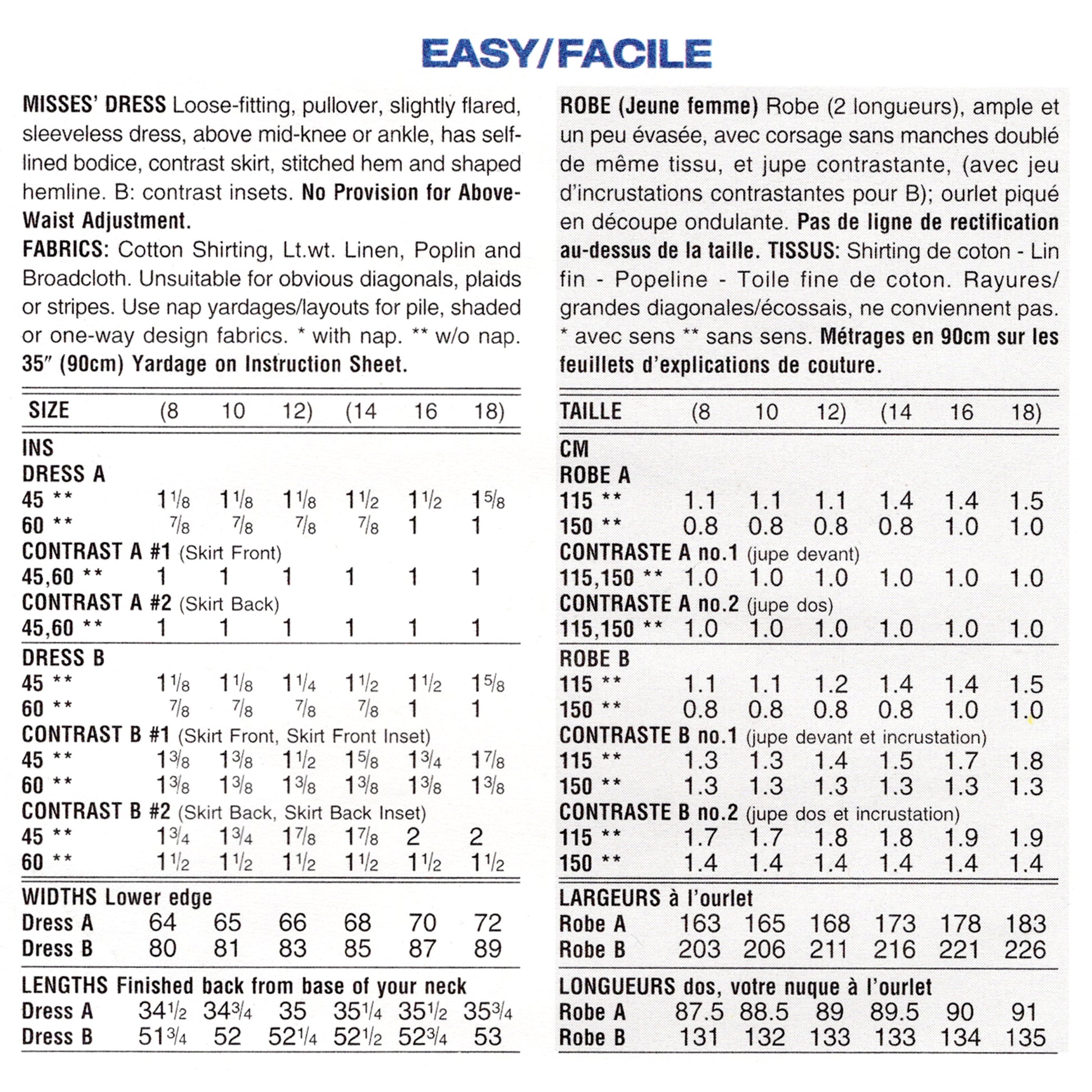 A sizing chart sheet for sewing patterns, titled 'EASY/FACILE' at the top. The chart lists measurements in both inches and centimeters for various garment sizes (Misses, Robe, Ins, Dress A, Dress B, Robe A, Robe B) with corresponding column headers and numeric data.