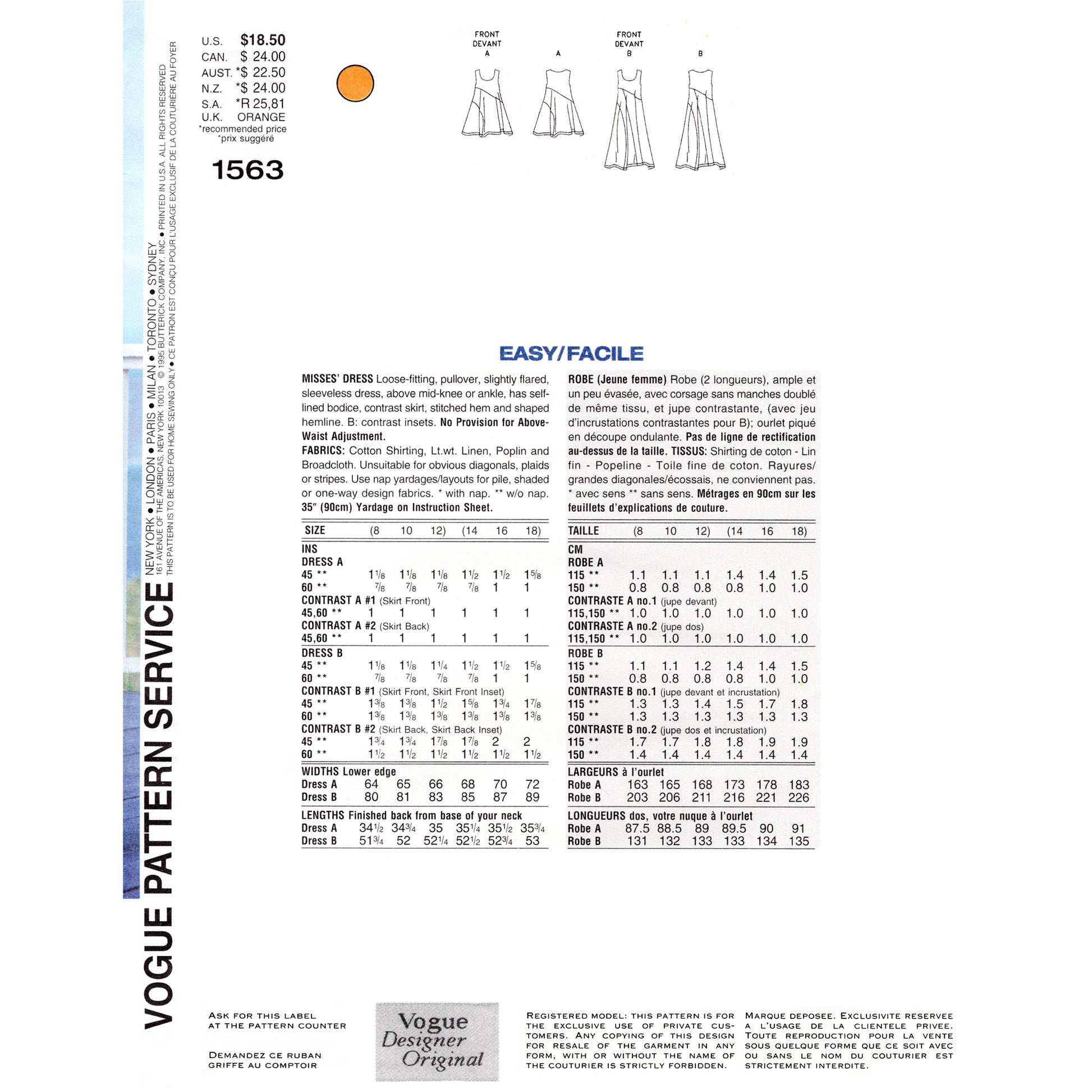 Vogue patterns dress design sheet with measurements and fabric requirements.