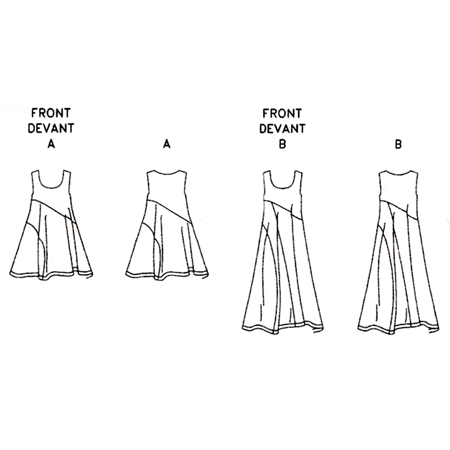 Technical drawing of a dress with front and back views labeled A and B on a white background.