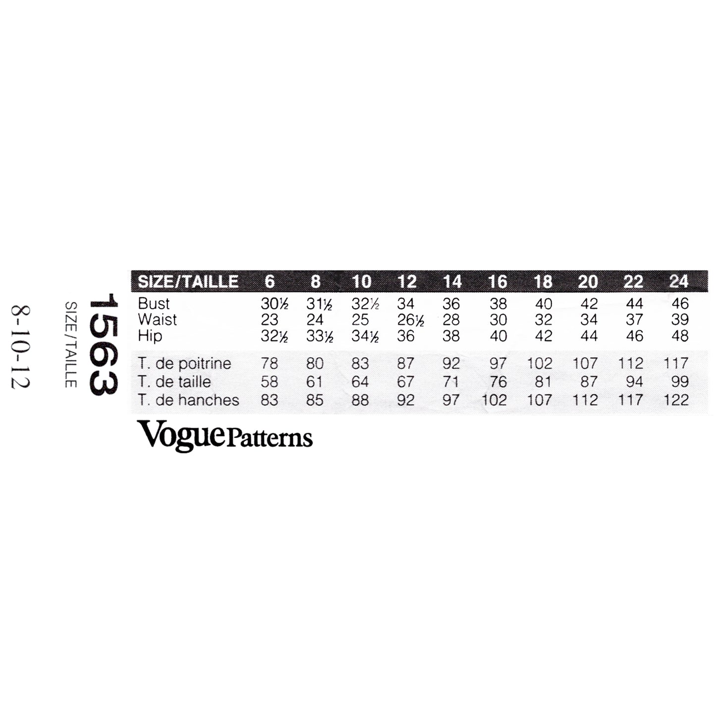 Vogue Patterns size chart for garment measurements on a white background