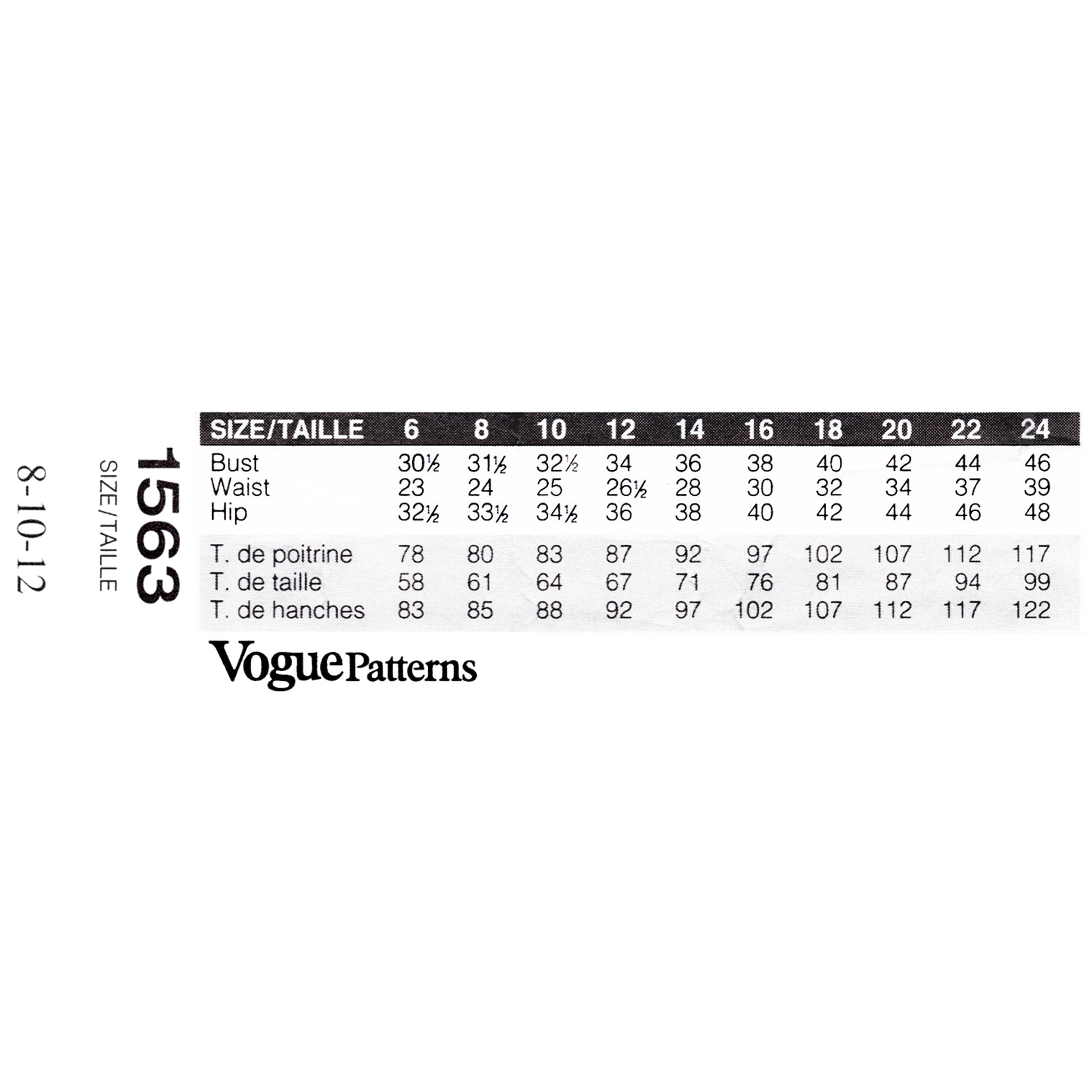 Vogue Patterns size chart for garment measurements on a white background