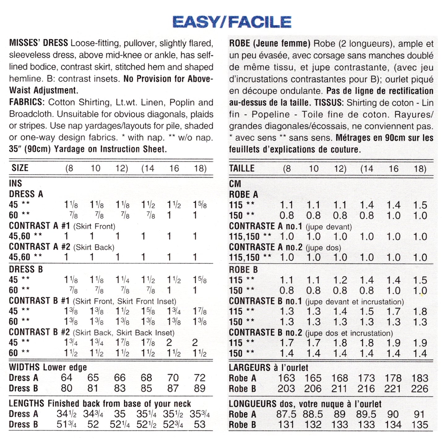 Textual fabric and pattern information sheet with measurements and specifications.