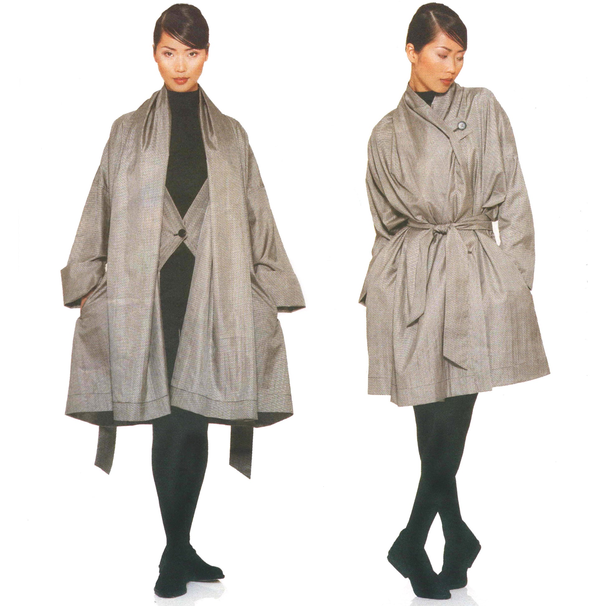 Two views of a woman wearing a long, light-colored coat on a white background