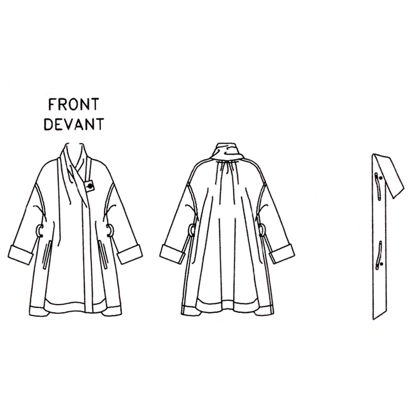 Line drawing of a coat with front, back, and side views on a white background.