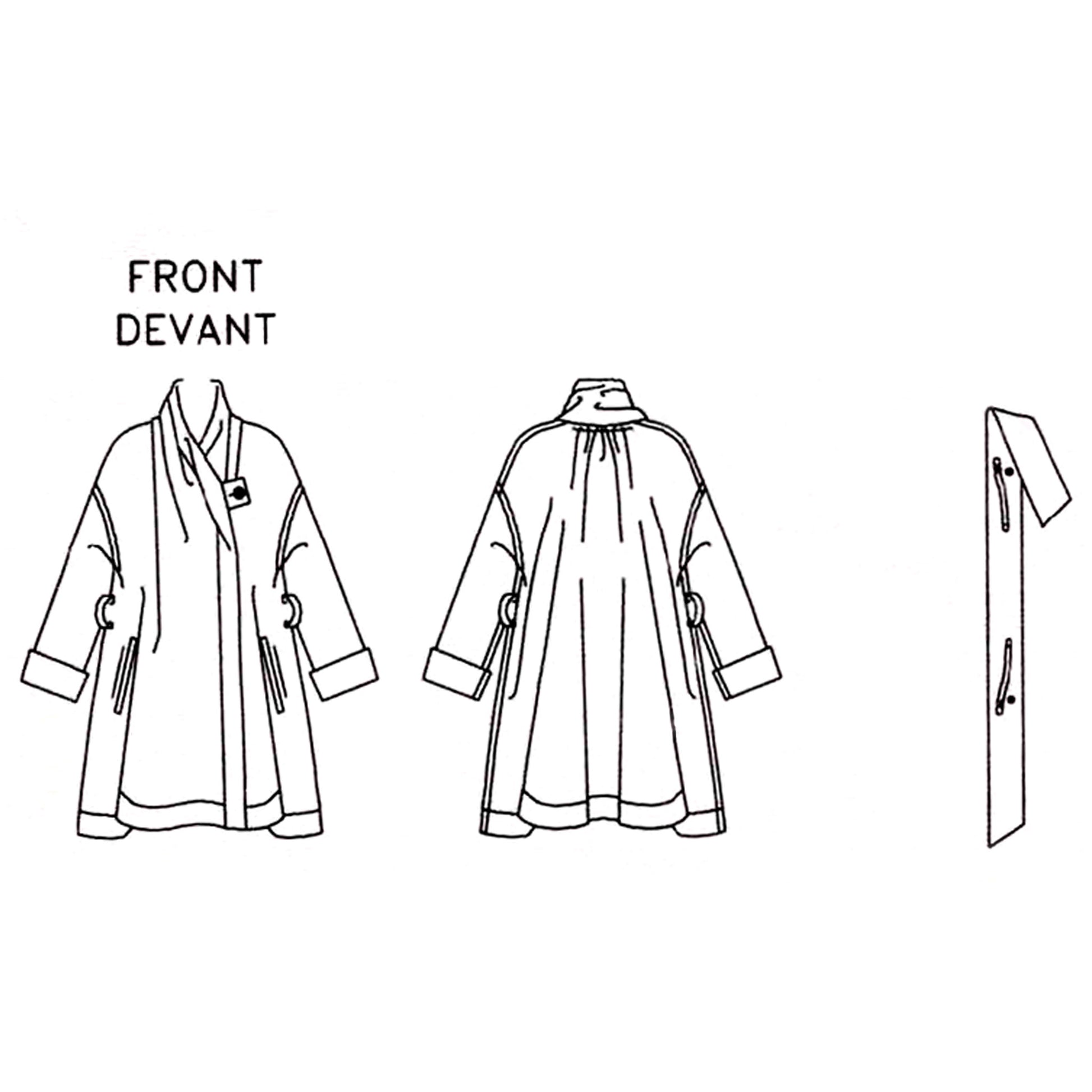 Line drawing of a coat with front, back, and side views on a white background.